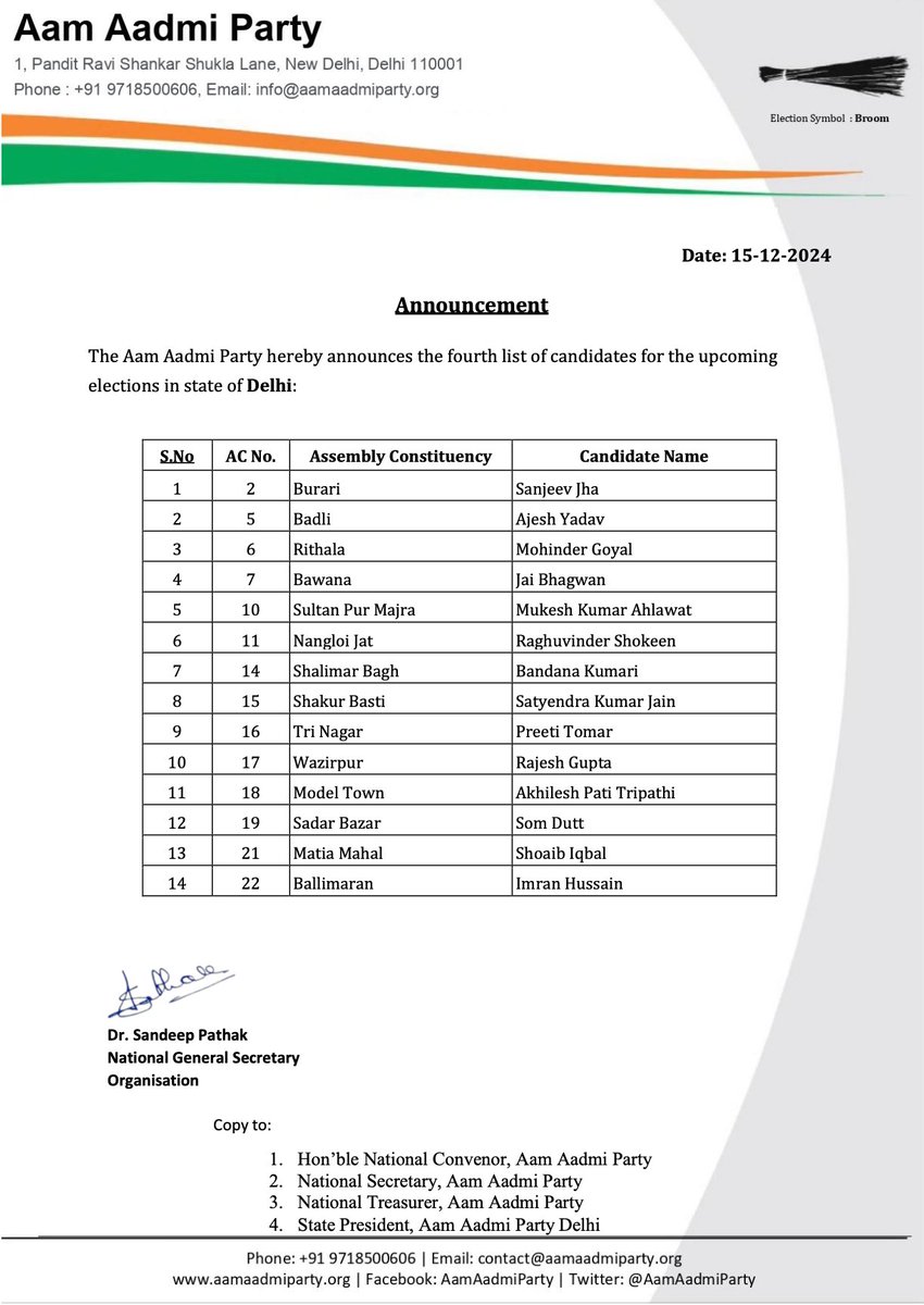 AamAadmiParty's tweet photo. Here is our fourth and final list for upcoming Delhi Elections ‼️

Congratulations to all the candidates 🎉

फिर लायेंगे केजरीवाल 🔥💯