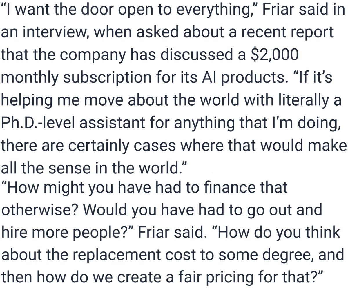 tsarnick's tweet photo. OpenAI CFO Sarah Friar says the company is leaving the door open to a $2000/month subscription to its AI product which could serve as a "replacement" to hiring humans due to its PhD-level intelligence https://t.co/WT1wFVzlGi