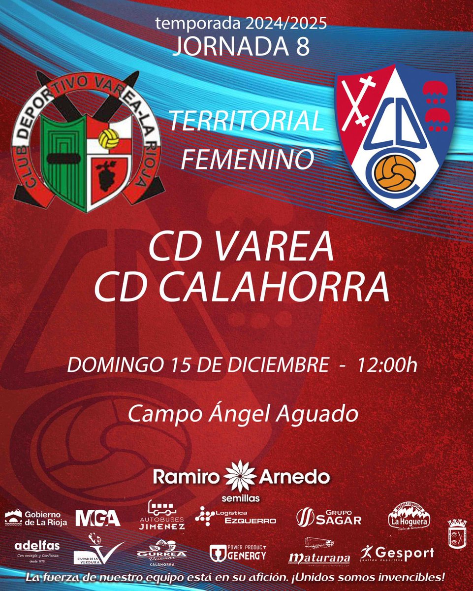 CDCCantera's tweet photo. ⚔️ HOY JUEGA EL TERRITORIAL FEMENINO DEL CD CALAHORRA  ⚔️ 

🏆8ª Jornada

🆚 CD Varea

🏟️ Campo Ángel Aguado

📅 15 de diciembre

⏰ 12:00h

#VareaCalahorra
#ciudadrojilla https://t.co/TtSfBDjtln