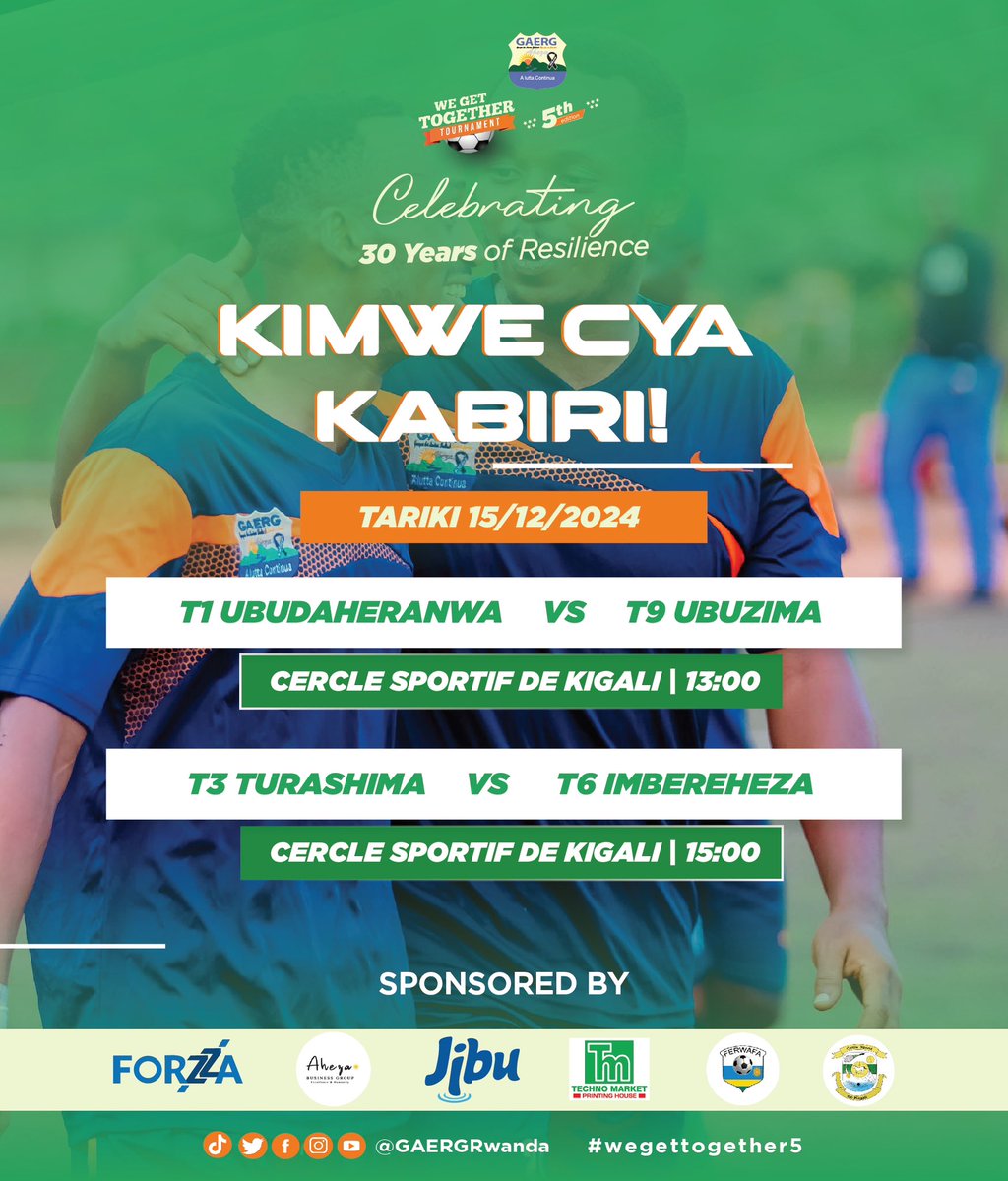 IBUKAHealing's tweet photo. Kimwe cya kabiri cy’imikino ya #wegettogether cyatangiyeeee! 🥳
Uyu munsi ku kibuga cya cercle sportif de kigali turamenya amakipe akomeza muri finale! Ntimucikwe ⚽️🔥
#wegettogether5 #wgt #wegettogether #30yearsofresilience https://t.co/oAjv0BbcYF