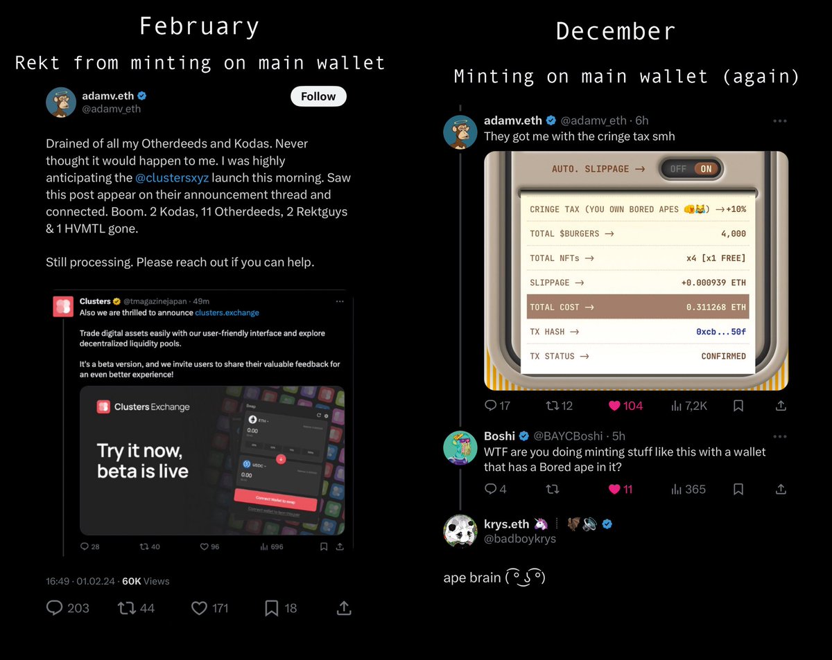 miyaspokeofthis's tweet photo. Hot take: Cringe tax/ape tax on projects is actually beneficial for the space.

Mints like @burgersart or @MiladyCult implementing a 10–20% “ape tax” are fascinating to watch:
• Half the people think it’s hilarious (rightfully).
• The other half is pissed about it (but still ends up minting and paying the extra).

What the ape brain often misses:
1) You can spin up a new wallet and bypass the tax (lmao).
2) You shouldn’t be minting from your BAYC hot wallet “vaults” in the first place.

The tax is a form of negative reinforcement - you’re literally paying extra because of your own stupidity and bad OPSEC. And you should unlearn that behavior.

I think more projects should implement an ape tax, but I’m afraid even that won’t help much. Ape brains aren’t exactly known for being good at braining, are they?