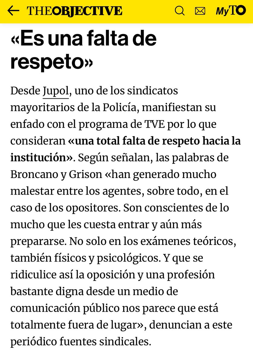 JupolNacional's tweet photo. Malestar en la Policía con 'La revuelta' por deslizar que los agentes consumen drogas, vía @TheObjective_es

Desde Jupol, uno de los sindicatos mayoritarios de la Policía, manifiestan su enfado con el programa de TVE por lo que consideran «una total falta de respeto hacia la institución». Según señalan, las palabras de Broncano y Grison «han generado mucho malestar entre los agentes, sobre todo, en el caso de los opositores. Son conscientes de lo mucho que les cuesta entrar y aún más prepararse. No solo en los exámenes teóricos, también físicos y psicológicos. Y que se ridiculice así la oposición y una profesión muy digna desde un medio de comunicación público nos parece que está totalmente fuera de lugar», denuncian a este periódico fuentes sindicales. 

El enfado es tal que desde esta organización sindical reclaman que la Dirección General de la Policía (@info_dgp) o el Ministerio del Interior (@interiorgob) deberían «salir públicamente a defender la honorabilidad de los agentes y pedir una rectificación a RTVE y a La revuelta» por «haber hecho este tipo de bromas sobre la Policía y haber banalizado temas tan serios como el consumo de drogas, en concreto entre las fuerzas de seguridad». «Cuando nos atacan, solo somos los sindicatos quienes salimos a defender a los compañeros, jamás lo hace la Dirección o el Ministerio». 

🌐Artículo: https://t.co/1yCedmhHb0

✍️ @RecioEN 

JUPOL #EquiparacionYa y mucho más
