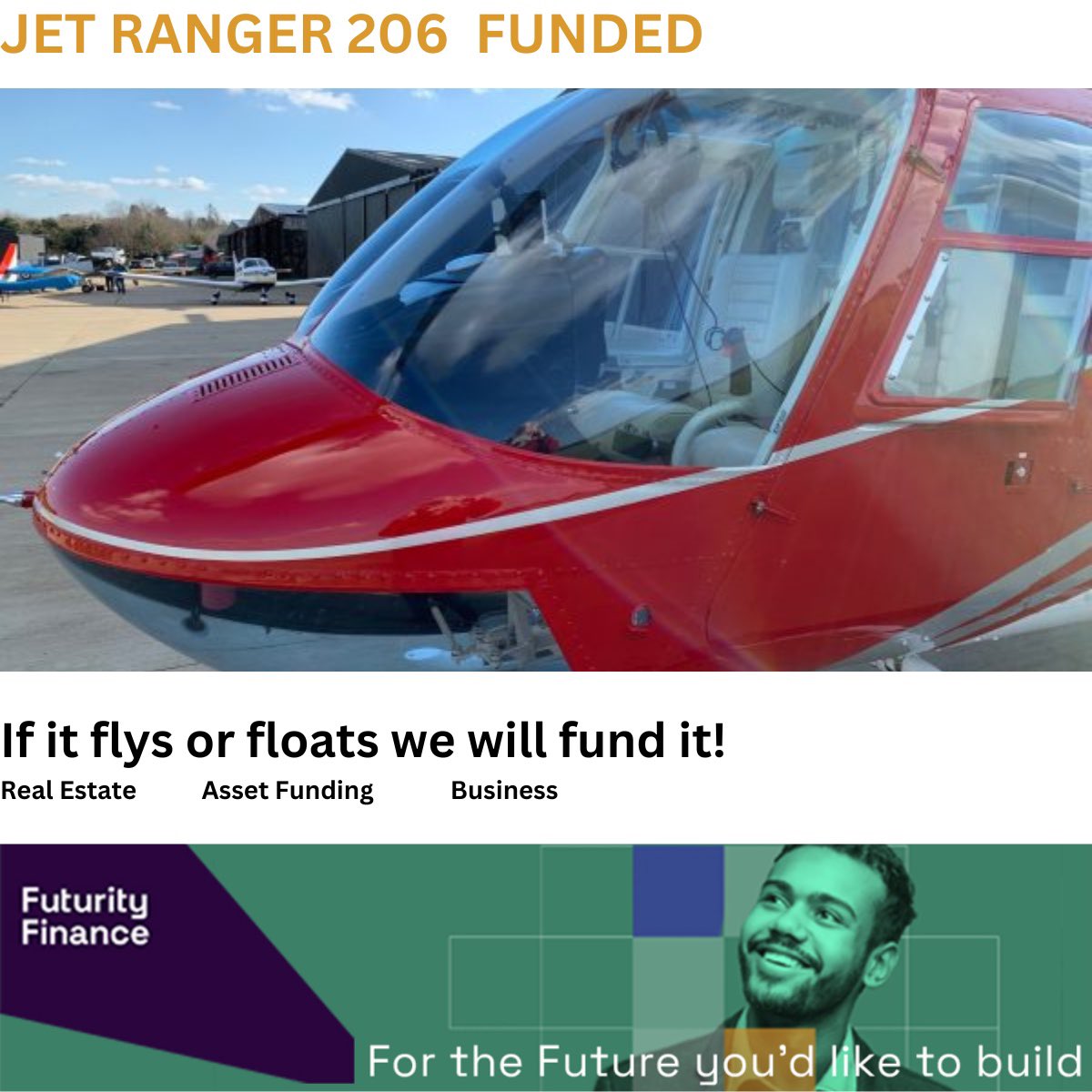 🚁 Funding your dreams—no matter the asset. From cars to helicopters, our bespoke finance solutions help you soar.  

Let’s talk about your ambitions.  

#AssetFinance #AviationFunding
