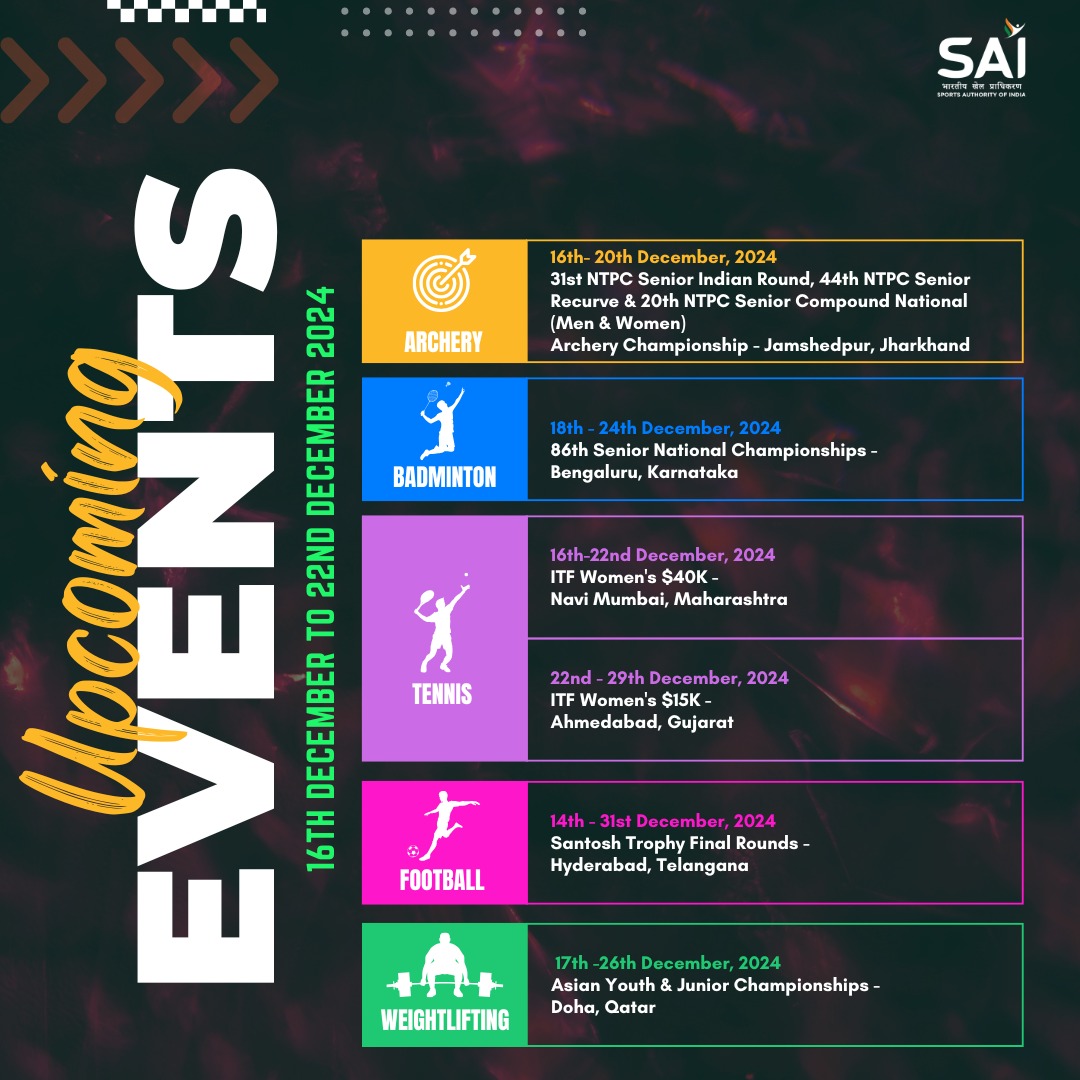 Media_SAI's tweet image. Mark your calendars🗓️!

Exciting events are on the horizon as our athletes gear up for stellar performances.  

Take a look at the schedule &amp;amp; stay tuned for updates🤩

#Cheer4Bharat #Sports #IndianSports #Champions #GamesOn #UpcomingEvents