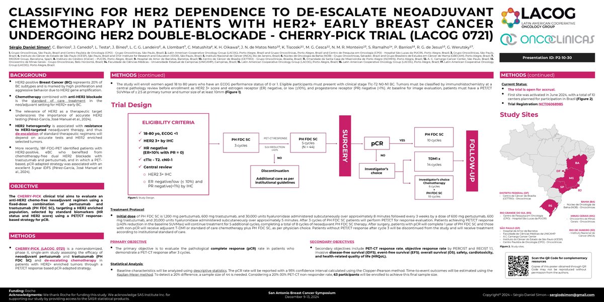 The CHERRY-PICK Trial (LACOG 0721) aims to evaluate an anti-HER2 chemo-free neoadjuvant regimen. The study is open to patients participation in Brazil. 

The trial design was presented at the 2024 <a href="/SABCSSanAntonio/">SABCS</a>. PI: Dr. Sergio Simon, CPO/Oncoclínicas. 

#LACOG
#SABCS24