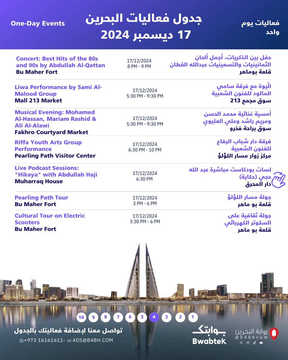Bwabtek's tweet photo. #Bahrain_Events 17/12/2024 As always, we continue to provide you with the largest daily,weekly, and monthly schedule of events, workshops, and exhibitions in #Bahrain Stay tuned for updates on additional activities #السياحة_في_البحرين #اليوم_الوطني_البحريني #العيد_الوطني_البحريني https://t.co/rmClQJMllB