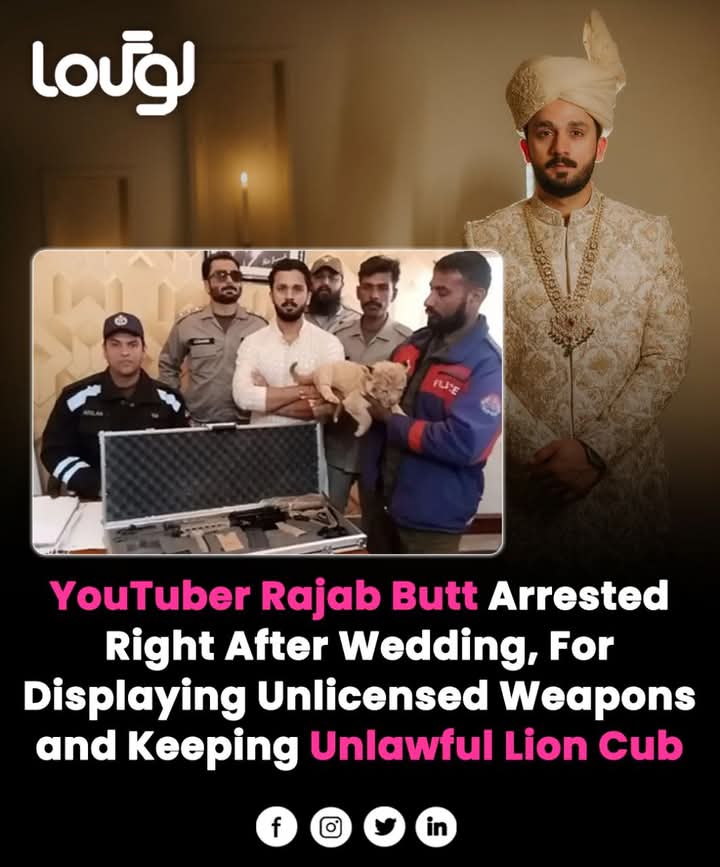Ayesha43722's tweet photo. First a wedding, now an arrest! TikToker Rajab Butt lands in trouble for owning a machine gun without a license and a lion cub. 🔫🦁

#veryfilmi #rajabbutt #pakistaniyoutuber https://t.co/xhNPfaNU67