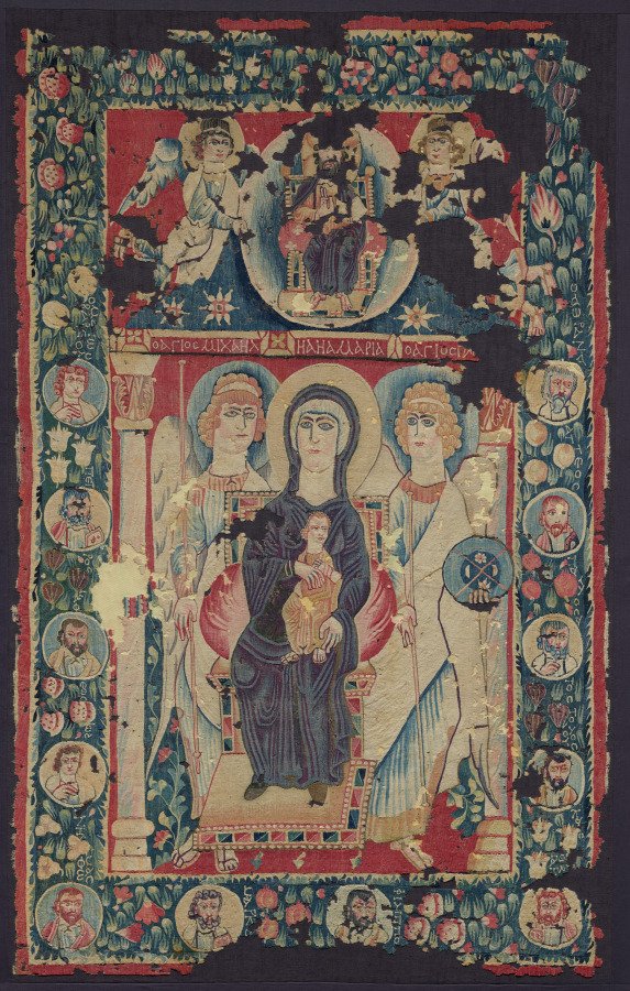 Byzantine-Coptic woolen thread tapestry from 500's Egypt.

The inscriptions in Greek have the names of the holy figures, Michael, Mary, and Gabriel. While on the sides, Jesus' disciples with their names inscribed in Greek like Andrew, Matthew, Luke, Philip, Mark. 

Blond Jesus is