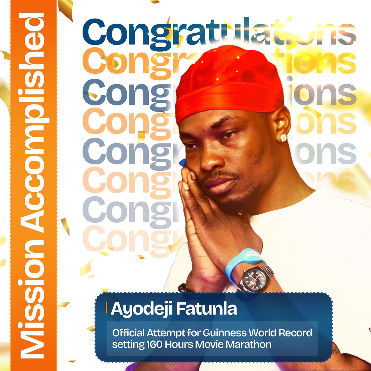 Moviewithayo's tweet photo. Ayodeji has successfully completed 160 hours in his incredible journey to break the @GWR for the longest movie marathon. 

This remarkable achievement showcases not only his endurance and passion but also the unyielding spirit of Nollywood. https://t.co/aL1zv1wj4T
