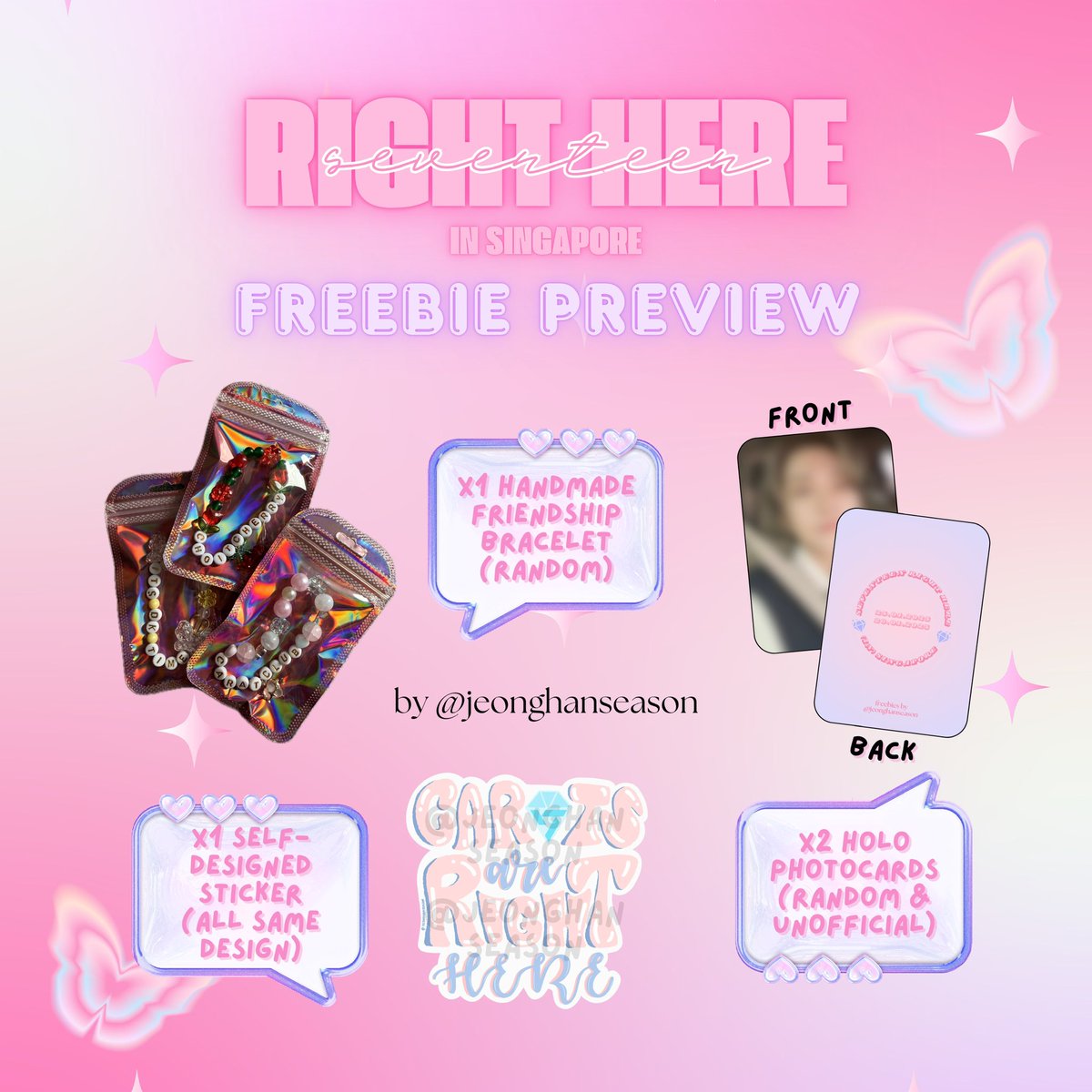 𐐪♡𐑂 SEVENTEEN RIGHT HERE IN SG FREEBIES 𐐪♡𐑂

🗓️ 25 &amp; 26 January 2025
📍 National Stadium
🕟 TBA

»-♡→ like/rt &amp; say hi on d-day to claim (FCFS)
»-♡→ limited to 55 sets/day
»-♡→ dm to trade!
»-♡→ please do not sell/throw 

can follow for updates or just be moots! 🫶