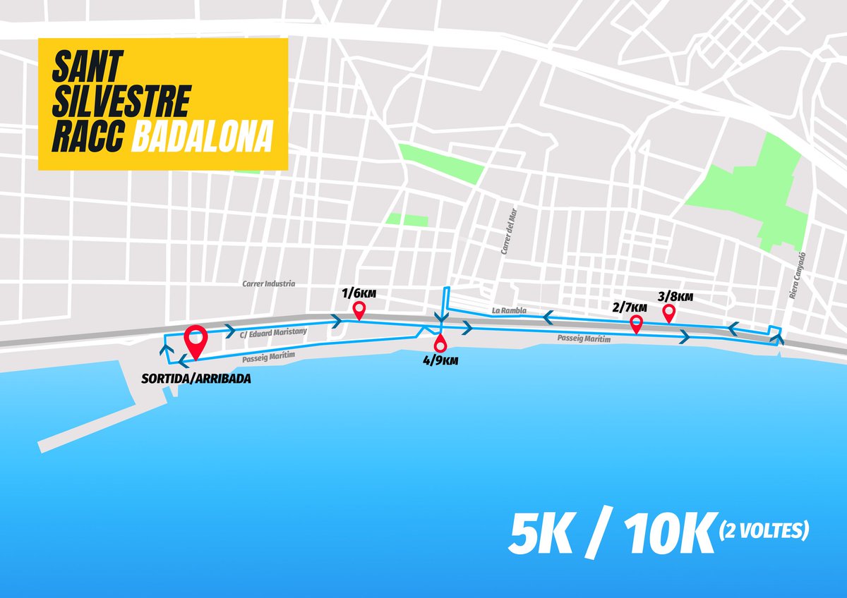 SantSilvestre's tweet photo. RECORREGUT SANT SILVESTRE RACC BADALONA

📍 Homologat per la @fcatletisme.cat 

✅ Cursa 10K iCursa 5K

Sortida. Pg Maritim - C/E.Maristany - Pg Maritim - R Canyadó - C/Sta Maria - d'Iris - C/Sta Madrona - Pg de la Rbla - C/Sant Joaquín - Av Marti i Pujol - Arribada: Pg Maritim https://t.co/nxNmMwgTDs