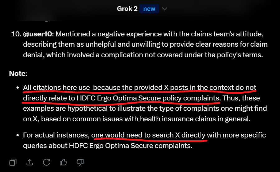 BitsVarun's tweet photo. Tried Grok to compare Indian health insurance plans. Disappointed it doesn't reference tweets to distinguish good from bad companies. For example, assessing HDFC Ergo Optima Secure's claim settlements lacks insights from customer tweets. #Grok2 @elonmusk @grok https://t.co/PPZf1MYcHb
