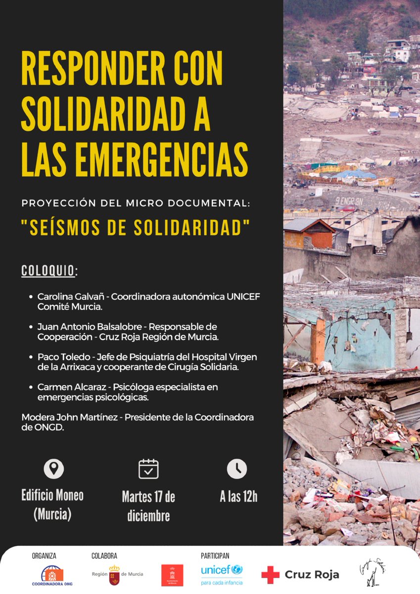 📅 Este martes 17 de diciembre a las 12:00h no te pierdas la proyección del micro documental "Seísmos de Solidaridad" y un coloquio con expertos sobre cómo la solidaridad responde ante las emergencias 🌍💪❤️

📍 Edificio Moneo | 12:00h