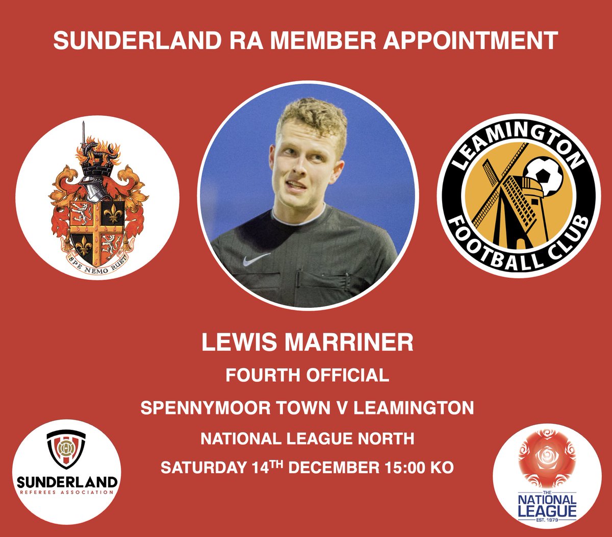 Congratulations to Sunderland RA member Lewis Marriner who made his National League debut as fourth official for Spennymoor Town v Leamington yesterday!