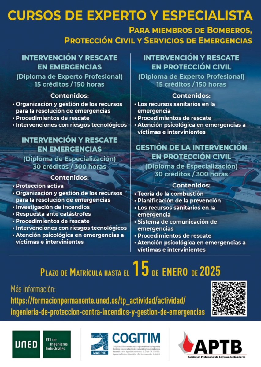 APTBBomberos's tweet photo. Formación para Servicios de #Emergencias. Abierta la inscripción para las cuatro convocatorias, hasta el 15 de enero. Luego no digas que no te hemos avisado con plazo suficiente, o que no te ha dado tiempo a matricularte... #Másteres y #Cursos con la @UNED @cogitimadrid y #ESSIIF https://t.co/gU4H96W7Fh