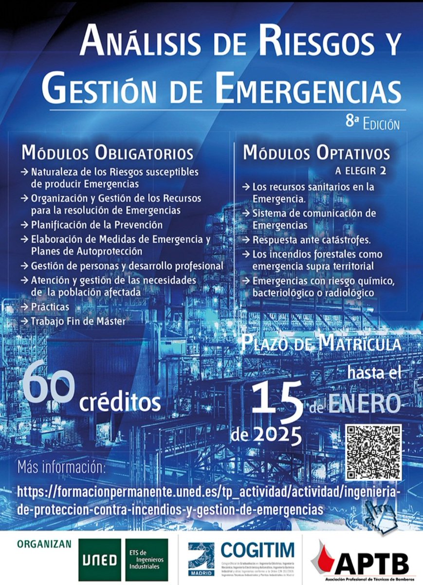 APTBBomberos's tweet photo. Formación para Servicios de #Emergencias. Abierta la inscripción para las cuatro convocatorias, hasta el 15 de enero. Luego no digas que no te hemos avisado con plazo suficiente, o que no te ha dado tiempo a matricularte... #Másteres y #Cursos con la @UNED @cogitimadrid y #ESSIIF https://t.co/gU4H96W7Fh
