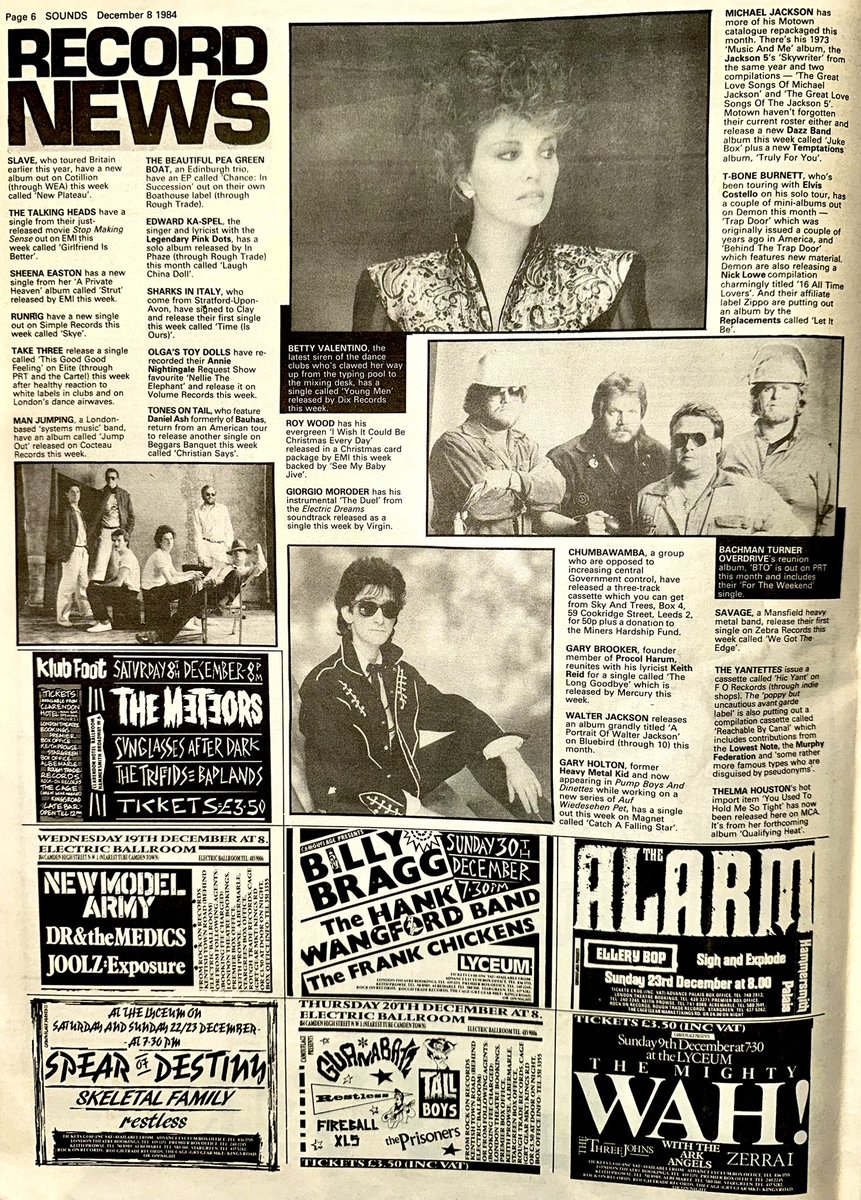 ZoundsAbound's tweet photo. A round up of this week’s Tour & Record News featuring information on #TheMilkshakes, #FearOfDarkness, #DeathInJune #OmegaTribe, @acrmcr #TheBabysitters #TalkingHeads #ManJumping #BettyValentino & #BachmanTurnerOverdrive among many others.
Sounds Dec 9th 1984 https://t.co/PvxtNvhPc4