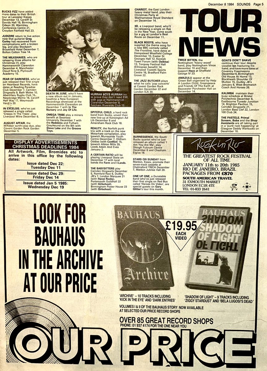 ZoundsAbound's tweet photo. A round up of this week’s Tour & Record News featuring information on #TheMilkshakes, #FearOfDarkness, #DeathInJune #OmegaTribe, @acrmcr #TheBabysitters #TalkingHeads #ManJumping #BettyValentino & #BachmanTurnerOverdrive among many others.
Sounds Dec 9th 1984 https://t.co/PvxtNvhPc4