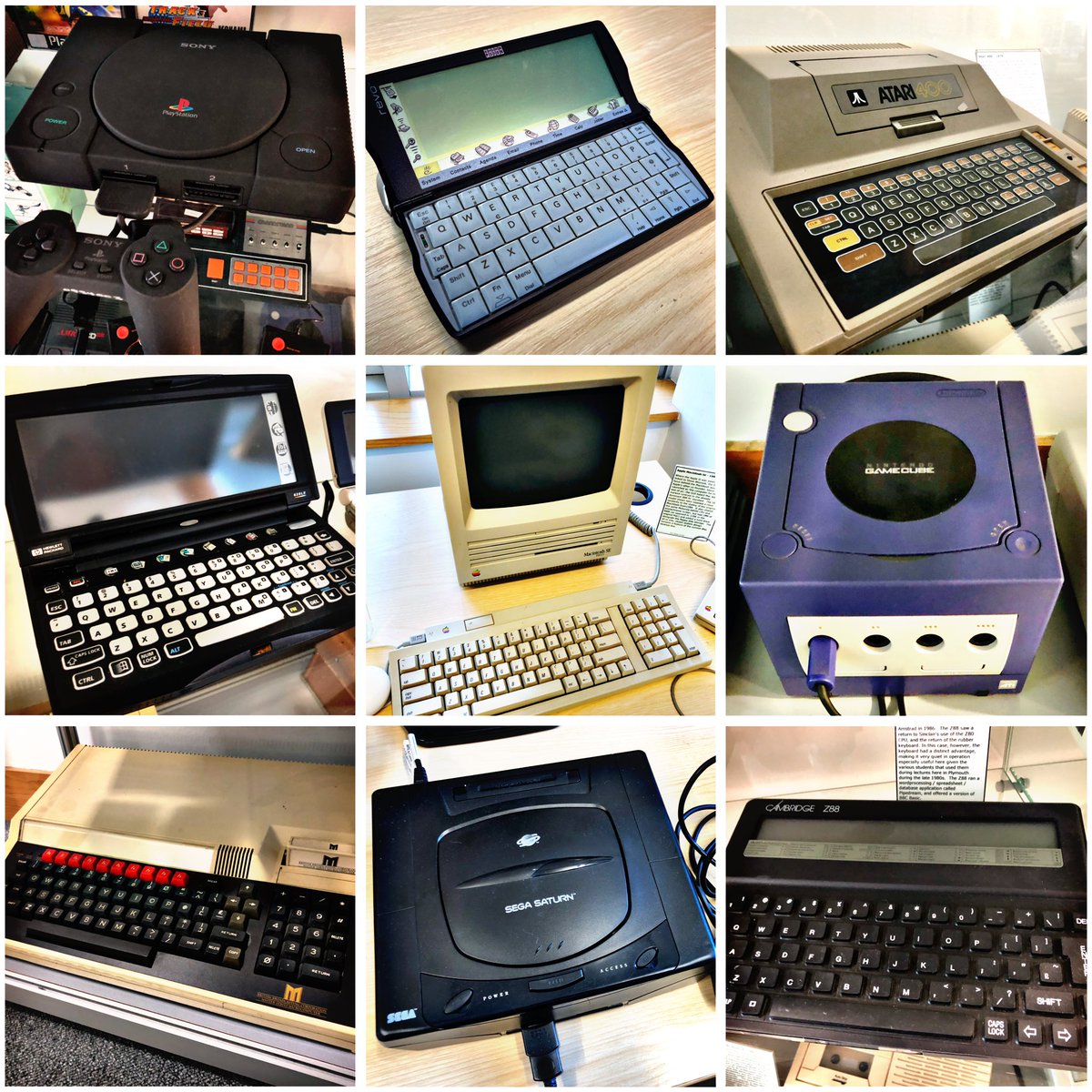 SWRetroComp's tweet photo. This week’s #RetroEnnead offers you the #NetYaroze, #Revo, #Atari400, #620LX, #MacSE, #GameCube, #Master128, #Saturn and #Z88. Pick a line of 3 and dump the rest! #RetroComputing #ComputerHistory #RetroGaming #VideoGames https://t.co/F8XLrQrn5l