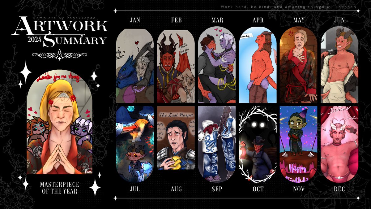 ArtRussica's tweet photo. My turn to share my year in art! June was my turning point IMO, I found brushes that just work better for me and started developing my style!
template by @papakkapao.bsky.social
#bg3 #karniss #rolan #raphael #zevlor #abdirak #geraldus #omeluum #blurg #zrell #bg3tav https://t.co/iXUiA6KRCN
