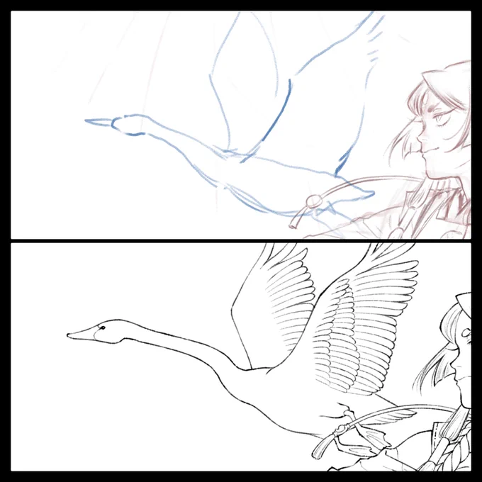 #ドイヒーひとコマ
これは擦りまくってる過去絵なんだけど
資料見る前と見た後ではトリの解像度がまるでチガウな!て思った話
伸ばした首ってそういう形してんだ… 