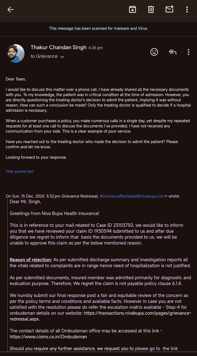 coolchandan62's tweet photo. #Healthinsurance #fraud @policybazaar @Niva_Bupa @moayush @jagograhakjago
I had taken this policy 3years back &amp; i did not take any claim in last 3 years. My claim is pending from 3 months. Everyone please be aware of such fraud &amp; be careful before taking Health insurance. https://t.co/bKRdmjdOus