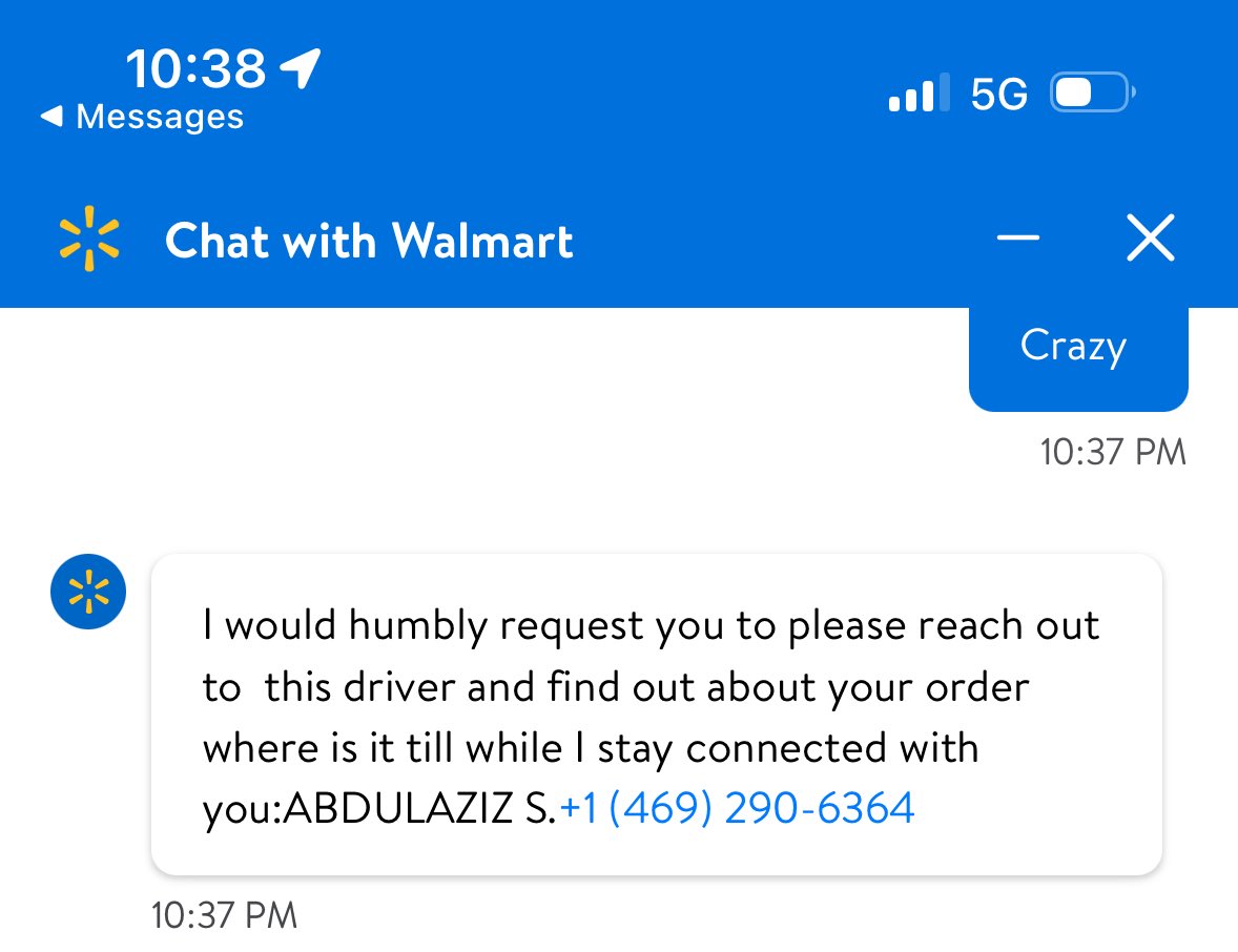 AliHappyIBe's tweet photo. Dear @Walmart ,
Why in the world would your associate tell me they would hold the line while I called your driver at almost 11:00 at night when my groceries never got delivered? Isn’t that their job? Ridiculous. #Iwantmymoneyback
#Walmartplusisajoke https://t.co/JmxrUs8gdF