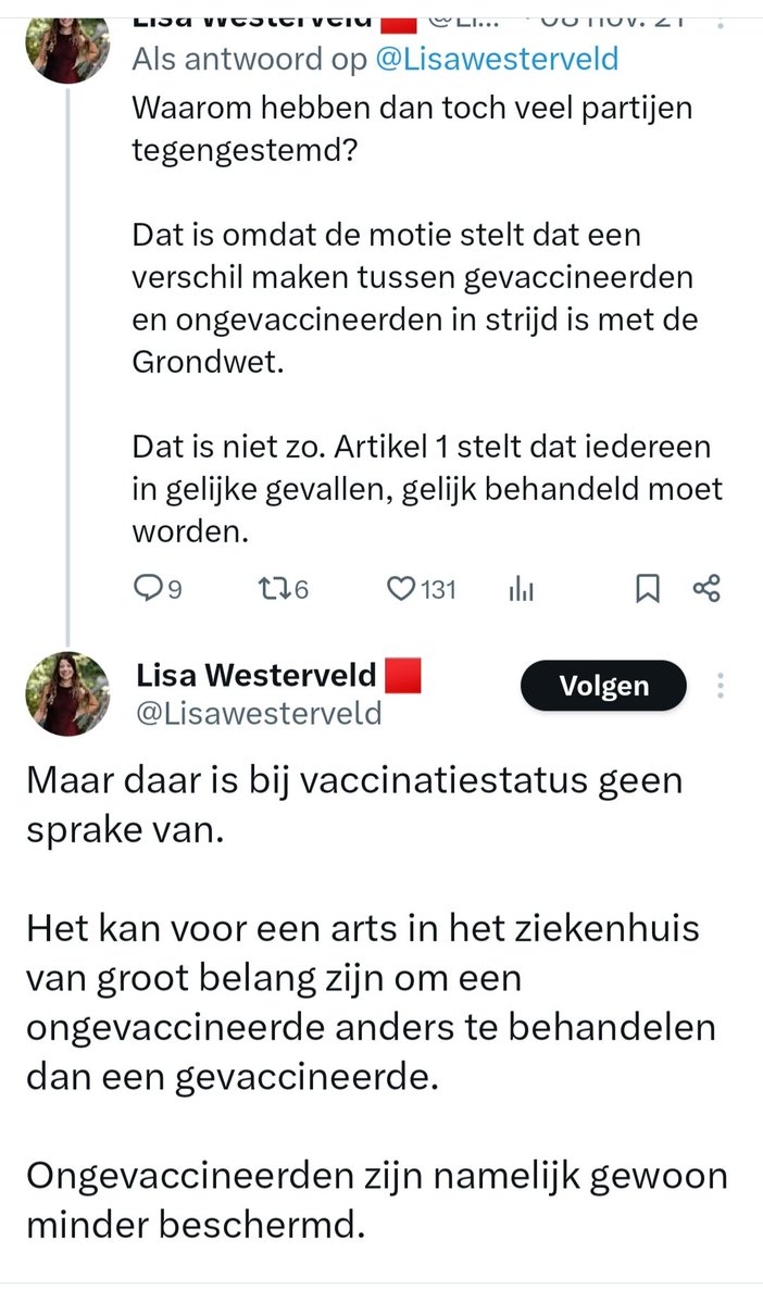 veen_els's tweet photo. Nog even over het 'iedereen mag zichzelf zijn' van Tweede Kamerlid van Groen Links @Lisawesterveld, afgelopen vrijdag. 

In 2021 wist zij op X te melden: "Artikel 1 van de Grondwet stelt dat iedereen in gelijke gevallen gelijk behandeld moet worden. 
Maar daar is bij vaccinatiestatus geen sprake van.
Het kan voor een arts in een ziekenhuis van groot belang zijn om een ongevaccineerde anders te behandelen".

Dit is gewoon niet waar. Een arts mag geen onderscheid maken. Of iemand rookt, of teveel drinkt, of overgewicht heeft, of zich niet laat vaccineren etc. 

Discriminatie druist tegen elke ethische code in en zéker tegen de artseneed. 

Eigenlijk is het zo dat je iedereen zonder aanzien des persoons moet behandelen. Je weet vaak niet of mensen zijn gevaccineerd, bijvoorbeeld als ze zomaar op straat neervallen en je moet reanimeren. 

Zo was het voor 2020. Het maakte voor mijn behandeling van patiënten niet uit, of ze wel of niet waren gevaccineerd tegen kinkhoest, mazelen of tetanus. Dat er in 2021 opeens een verschil werd gemaakt tussen 'ongevaccineerd' en 'gevaccineerd' was enkel een manier om ongevaccineerden te verketteren en zo extra onder druk te zetten om zich alsnog te laten prikken. Want sociale uitsluiting is een vorm van marteling. Zeker als je jong bent en net bent gaan studeren of op school zit en de rest van de klas kan naar de bioscoop en jij niet. Je kon drie jaar geleden niet naar de kroeg of de bios zonder je telkens te laten testen of te laten prikken. Afschuwelijk vond ik dat. Veel gezonde jonge mensen hebben zich toen laten prikken om niet-medische redenen. Ik heb het met eigen ogen gezien. Dit heeft voor veel mensen het vertrouwen in artsen, RIVM en overheid onherstelbaar beschadigd.

Dat sociale uitsluiting van mensen tegen elke ethische code in was, wisten ze bij de NCTV. Dat wisten ze in 2020 al en daarom zaten er ook rechtsfilosofen in de Denktank Desinformatie. Om recht te praten wat krom is. In de Tweede Kamer zaten en zitten vervolgens mensen die nergens verstand van hebben en alles na-papegaaien. Zoals Lisa Westerveld. Maar ook vele andere Tweede Kamerleden, denk aan Attje Kuiken van de PvdA, die huisartsen uitmaakte voor 'idioten' en vond dat hun BIG-registratie, dus hun kostwinning, wel afgepakt mocht worden. De Tweede Kamer is er mede debet aan dat miljoenen Nederlanders werden gediscrimineerd en dat ik buitengewoon veel stress heb gehad of ik wel zou kunnen blijven werken in Nederland. 

Met zo'n Tweede Kamer zijn we als burgers gesjochten. Ze beschermde ons niet tegen de uitsluiting met Corona, terwijl de Tweede Kamer het enige gremium is wat de NCTV kan ontmantelen.

De ellende van de coronamaatregelen begon vijf jaar geleden. De verkettering als je vragen had over het nut van lockdowns, schoolsluitingen, GGD teststraten en mondkapjes. Ik ben een tijdlang verbijsterd geweest, vooral door de houding van veel medici. Maar ik ontmoette ook veel nieuwe mensen, ook artsen, die er gelukkig hetzelfde in stonden en staan. 

Tegenwoordig ga ik vaak mee naar Jan Bonte @john_bumblebee zijn voorstellingen om hem te introduceren en dan komen veel mensen op me af die me bedanken en zeggen dat ze dankzij mij stand hebben gehouden. Daar deed ik het voor. Vier jaar geleden kreeg ik heel erg het gevoel dat ik me moest uitspreken. Ik kon niet anders dan me op mijn manier uitspreken. Ik schreef blogs, ik ging op twitter, en gaf een paar interviews bij @De_NieuweWereld en bij @simonvgroningen.

En sindsdien was het zo dat ik telkens bemoedigd werd door zoveel lieve mensen. Vijf jaar geleden las ik nog Trouw en had ik helemaal niets met social media. Nu lezen we Trouw al vier jaar niet meer en heb ik zoveel volgers hier, waarmee ook nog uitwisseling van gedachten mogelijk is. Ik volg lang niet iedereen terug en dat is geen arrogantie. Maar het lukt me niet om op alles te reageren. De waardering is er zeker wel ❤️ Ik hoop op steeds meer bewustwording, dat steeds meer Nederlanders beseffen dat ze niet volledig werden en worden ingelicht door de main stream media en de overheid. Dat pers en parlement niet doen wat ze zouden moeten doen; ons beschermen tegen een regering en NCTV die zijn autoriteit misbruikt.

Volgens mij is die tendens al gaande. Steeds meer mensen schrijven zelf blogs vanuit hun expertise, maken podcasts, gaan in gesprek met elkaar en zetten dat online. Alleen zo kan het tij, van een staat die zich steeds totalitairder gedraagt, gekeerd worden.

Totalitarisme geeft een gevoel van eenzaamheid, van afgesneden zijn, van geen contact meer kunnen krijgen met de mensen om je heen. Het beste medicijn ertegen is je uitspreken en dat anderen naar je luisteren. Discussie en verschil van mening mag best, want juist sociale uitsluiting is killing.