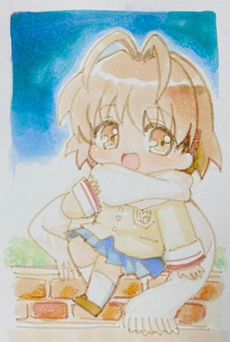 769日目のアナログイラストはCLANNADの古河渚です。二次元でしか許されない超ロングマフラー地面落下、好きです〜。 
