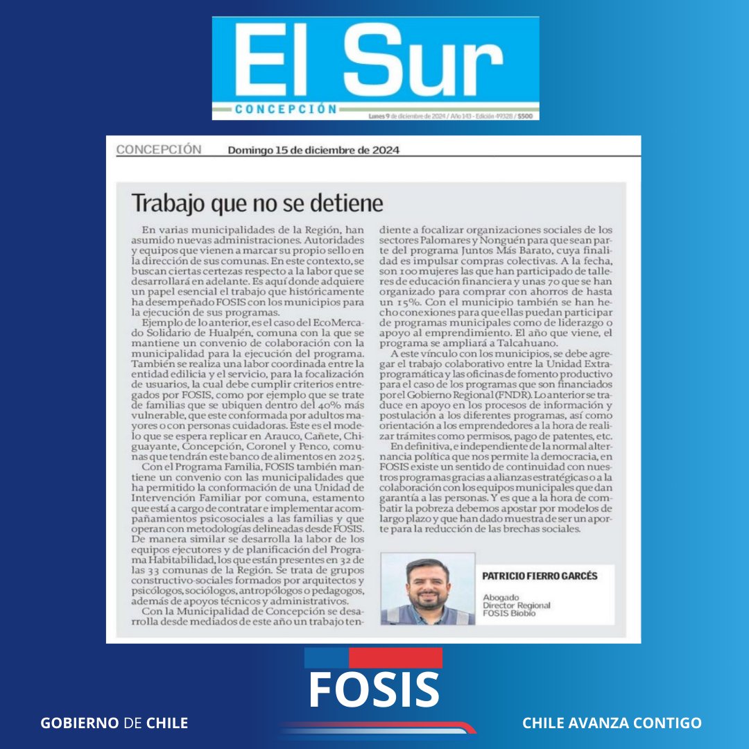 Hoy <a href="/elsurcl/">Diario El Sur</a> releva el trabajo de <a href="/fosis_biobio/">FOSIS Biobío</a> en torno a nuestros Planes de Trabajo Familiar y el sistema #ChileCuida que llevamos adelante con más de 150 familias de 6 comunas de la Región. Además, difunde la columna de opinión respecto al trabajo con los municipios ☕️🗞️👏🏻