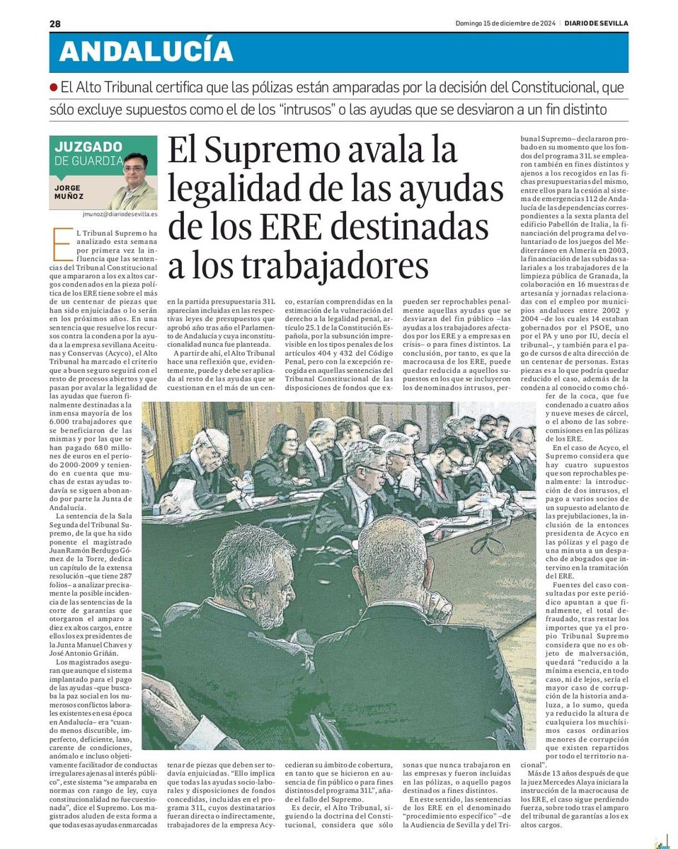 La persecución judicial, política y mediática a la que fueron sometidos los gobiernos de Chaves y Griñán en la llamada causa política de los ERE, por parte del PP de Zoido, Arenas o MBonilla, día tras día queda en evidencia y sin respaldo judicial alguno. Resulta evidente que