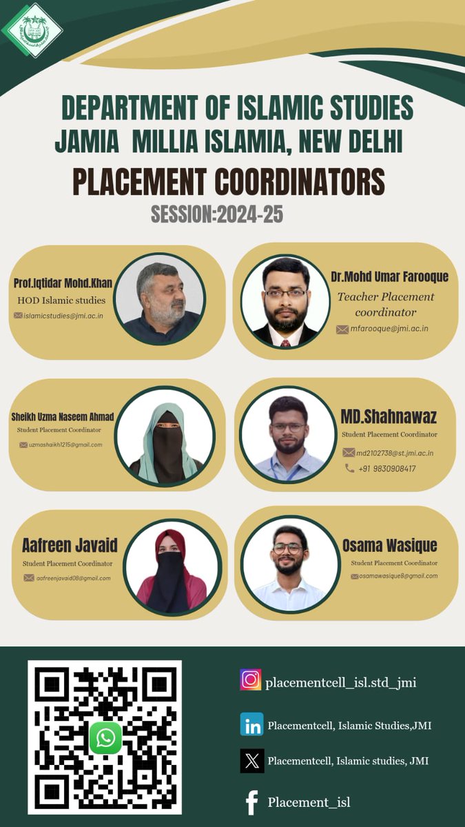 Placement_isl's tweet photo. 🌟 Meet the Placement Coordinators!
Proud to introduce the team for the Department of Islamic Studies,Jamia Millia Islamia (Session 2024-25).
Connecting talent with opportunities for a brighter future!
#JMI #JamiaMilliaIslamia #IslamicStudies #PlacementCell #CareerOpportunities https://t.co/CqZRI9FW0j