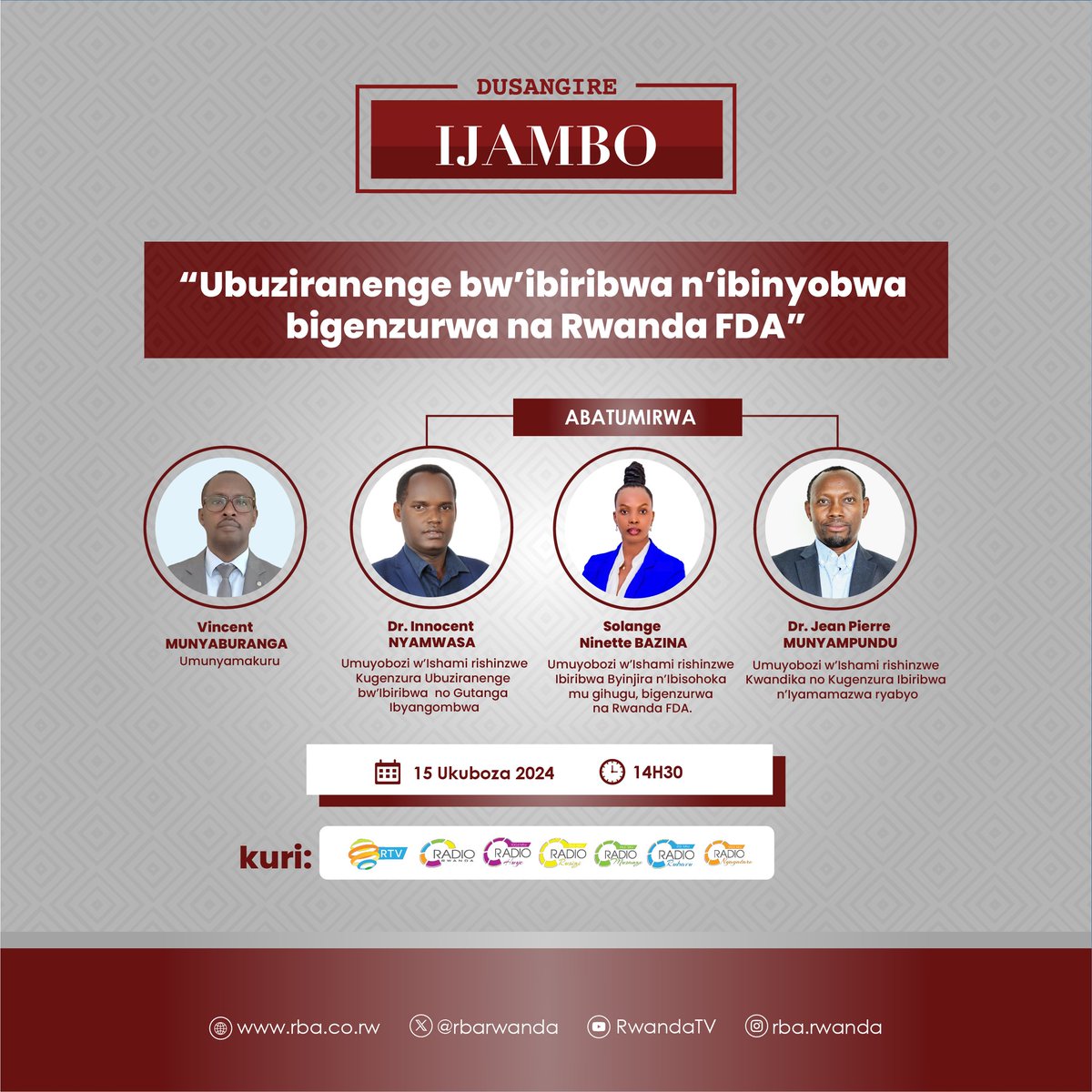 Ikiganiro #DusangireIjambo cyo kuri iki Cyumweru kiribanda ku buziranenge bw'ibiribwa n'ibinyobwa bigenzurwa na <a href="/RwandaFDA/">Rwanda Food and Drugs Authority</a>.

Ni 14h30, kuri <a href="/RwandaTV/">Rwanda Television</a>, <a href="/Radiorwanda_RBA/">RADIO RWANDA</a>  na Radio z'Abaturage. #RBAHafiYawe