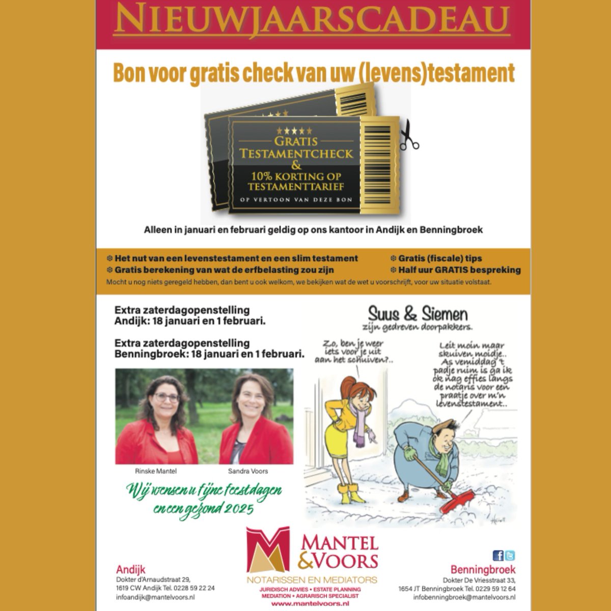 𝗡𝗜𝗘𝗨𝗪𝗝𝗔𝗔𝗥𝗦𝗖𝗔𝗗𝗘𝗔𝗨 𝗩𝗔𝗡 𝗗𝗘 𝗡𝗢𝗧𝗔𝗥𝗜𝗦 💫 
Ons nieuwjaarscadeau aan u: bon voor gratis check van uw (levens)testament.
Profiteer meteen van 10% korting op het testamenttarief.
Alleen in januari en februari geldig op onze kantoren in Andijk en Benningbroek.