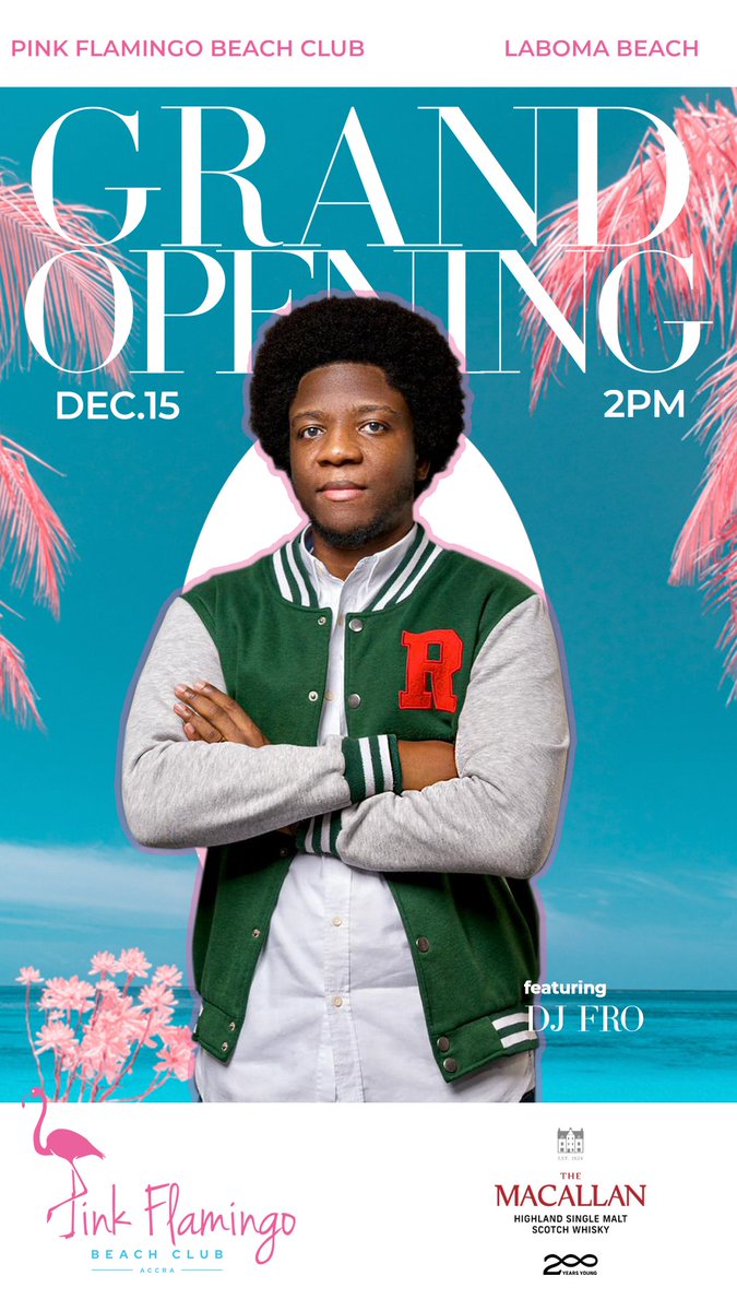 PinkFlamingoBC's tweet photo. Excited to announce @RealDJFro will be performing live at our grand opening today. The place to be is the Pink Flamingo Beach Club at Laboma Beach from 2pm. 

#pinkflamingoghana #dettydecember #decemberinghana #acccra  #beachvibes https://t.co/rAFUovqy5j