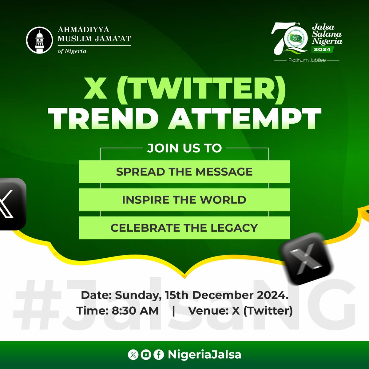 Together, we can make #JalsaNG a global voice!  

#JalsaNG #70YearsOfJalsa #Ahmadiyya #JalsaConnect #HistoricJalsa