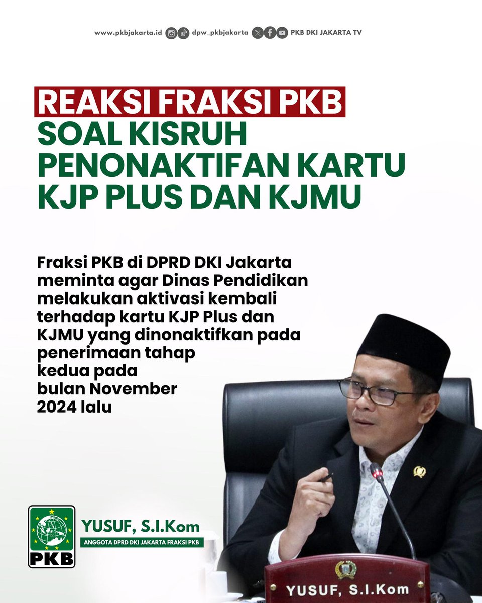 DPWPKBJAKARTA's tweet photo. Anggota @fpkbdki Yusuf, S.I.Kom meminta agar @Disdik_DKI melakukan aktivasi kembali trhadap kartu KJP Plus & KJMU yg di nonaktifkan
Karena kondisi ekonomi masyarakat saat ini sangat membutuhkan penerimaan bantuan
@dprddkijakarta @DKIJakarta @DPP_PKB
#fraksipkb #kjpplus #kjmu https://t.co/h3KEVKlY8G