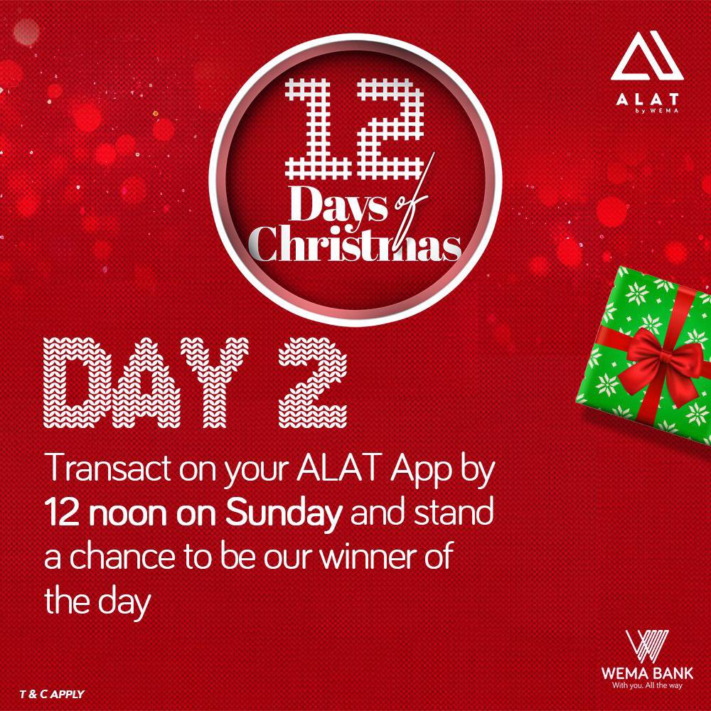 ade_babyyyyy's tweet photo. Day 2 of the 12 Days of Christmas with ALAT by @wemabank ! Make a transaction on your ALAT app by 12 noon this Sunday and stand a chance to win something big! Don’t miss this #12DaysOfChristmas #ALATByWema”

#Alat12daysofXmas
#Wema12daysofXmas https://t.co/mTnQ7kwHho