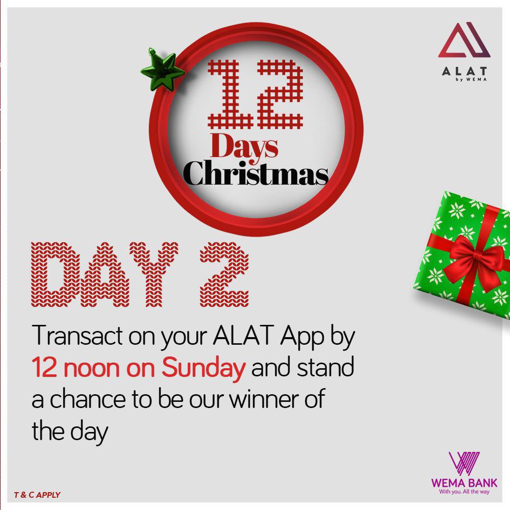 Rheey_marh's tweet photo. Christmas keeps getting better! 🎁 Day 2 of @wemabank alat is here. Transact on your ALAT app by 12 noon and stand a chance to win big. Don’t miss this! 

#Alat12daysofXmas
#Wema12daysofXmas https://t.co/GkkMZF1bCA