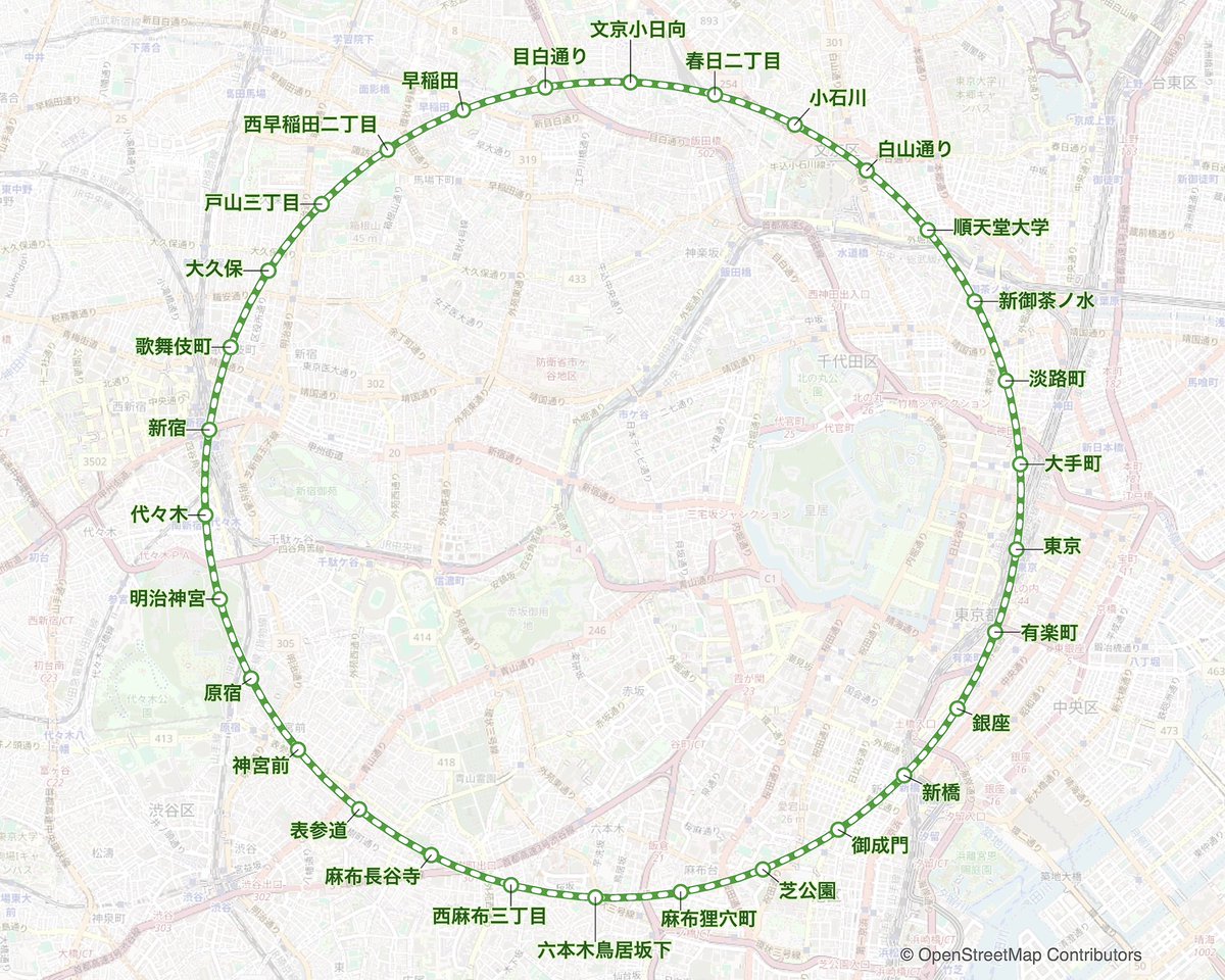 山手線って実際には全く円形じゃないので、逆に東京〜新宿の間を円形