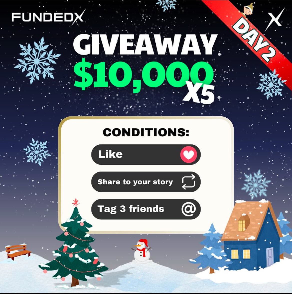 We're giving away 5 FREE $10K Challenges to celebrate the holiday season! 🎄🎅🚀

Here's how to enter:

✅Like this post
✅Share it to your story
✅Tag 3 friends in the comments

Winners will be announced in 48 hours, don't miss out &amp; good luck!

#propfirm #giveaway