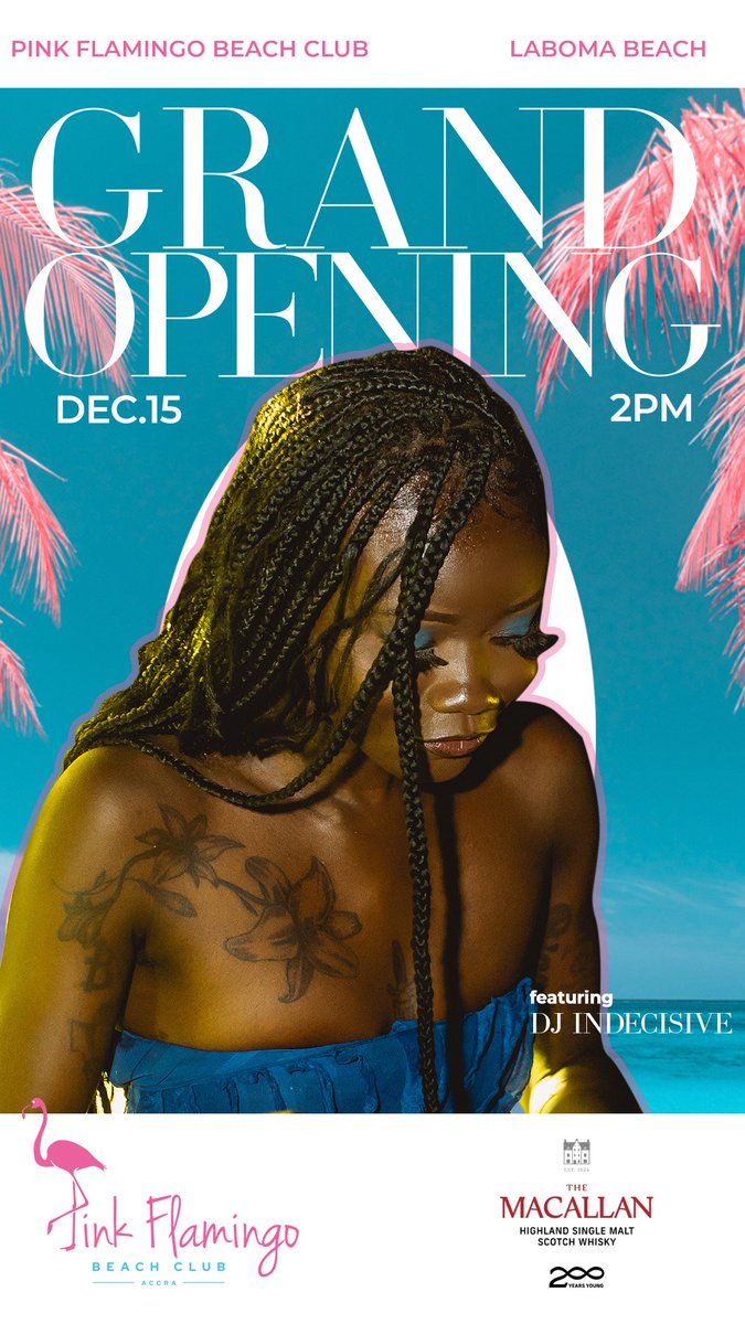 PinkFlamingoBC's tweet photo. Give a big Pink Flamingo welcome to DJ Indecisive as she brings her talent and craft to our grand opening today. We can't wait to host yall at Pink Flamingo Beach Club, Laboma. Gates open from 2pm. 

#pinkflamingoghana #dettydecember #decemberinghana #acccra #beachvibes https://t.co/yqfMLVTvjK