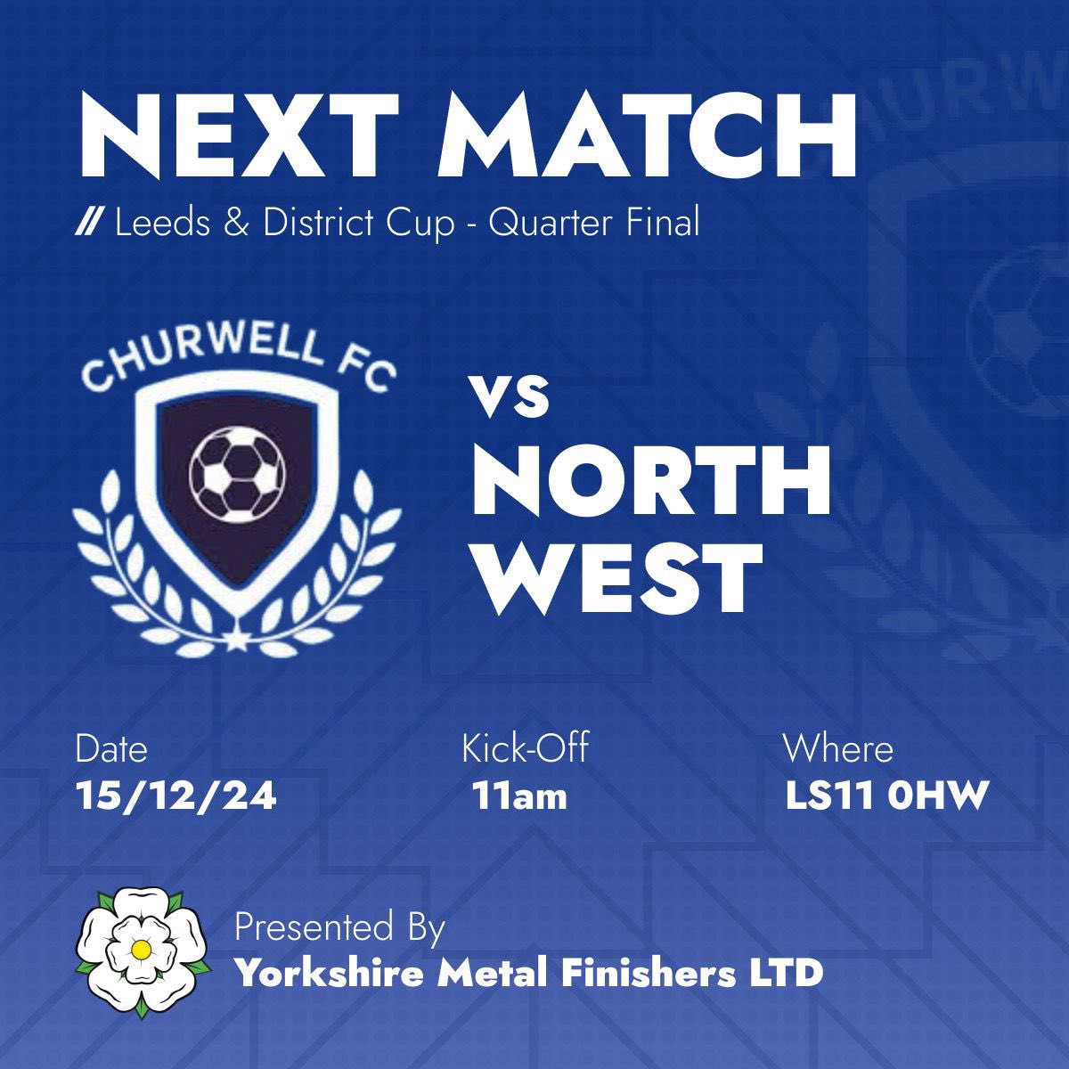 ChurwellFC's tweet image. GAMEDAY
For the final time in 2024 the Well look to progress to the semi final of the Leeds & District Cup against a strong North West side ๐๐ผ
Come down to Millshaw and support the lads โฝ๏ธ