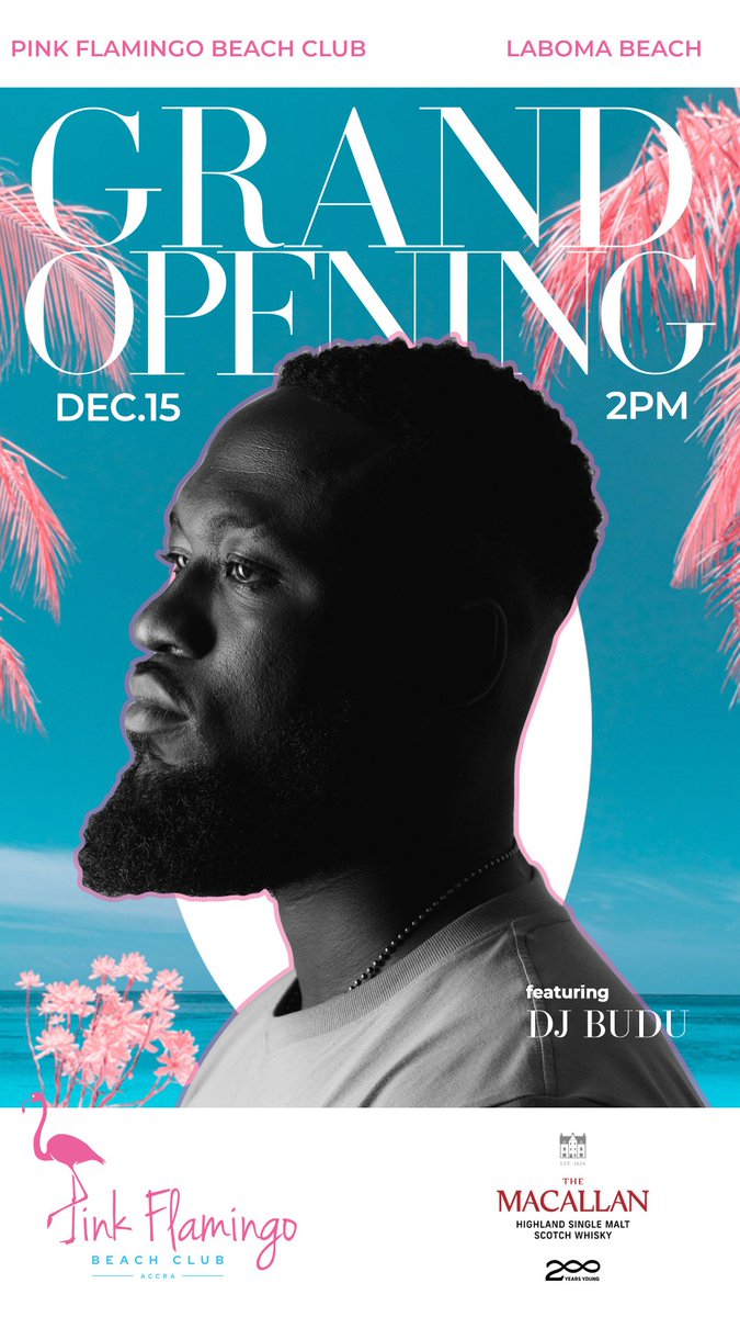 PinkFlamingoBC's tweet photo. A musical champion day or night, DJ Budu plays Pink Flamingo today to mark the grand opening. It's going to be a site and sound like never before. See you at 2pm , Laboma Beach.  

#pinkflamingoghana #dettydecember #decemberinghana #acccra #beachvibes https://t.co/rwVrTQXIDA
