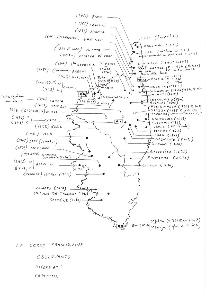 Ma petite carte perso de la Corse franciscaine à la fin du XVIIIe siècle. Tonds pleins : observants, ronds vides: riformati ; triangles : capucins. Impossible de comprendre la Corse sans le franciscanisme.