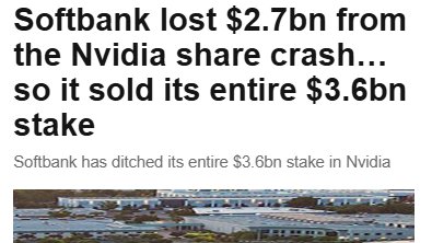 thefalda's tweet photo. Throwback Sunday - when Softbank dumped all its $NVDA stake. The shares would now be worth $95bn, more than Softbank's entire market cap. https://t.co/uTcIdqPjaG
