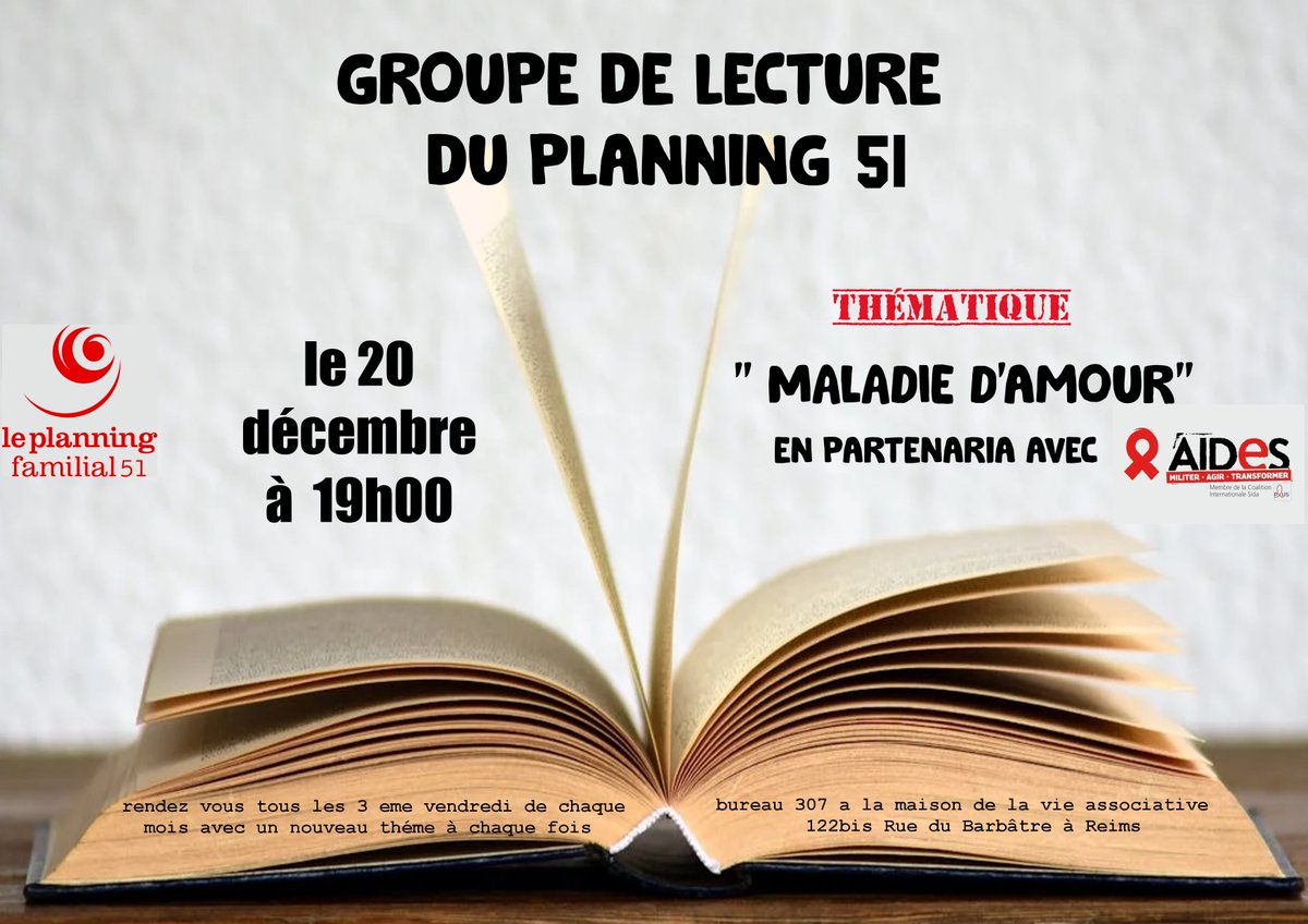 Prochain rendez vous du groupe de lecture des copines du planning !!! Venez partager votre coup de cœur sur le thème " maladie d'amour".