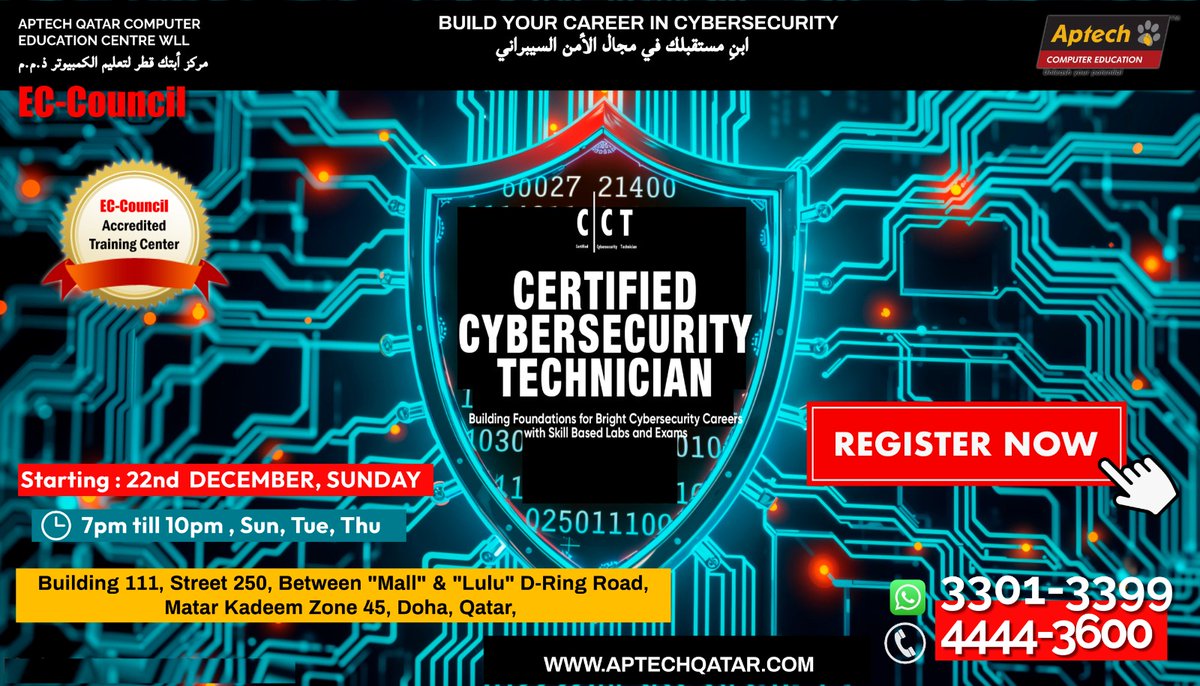 AptechQatar's tweet image. Build Your Career in Cybersecurity!
Join Aptech Qatar and learn the Cybersecurity Technician course to enhance your career skills in this high-demand field. Secure your future in cybersecurity—enroll now!

#cybersecurity #learncybersecurity #CareerSkills #TechTraining