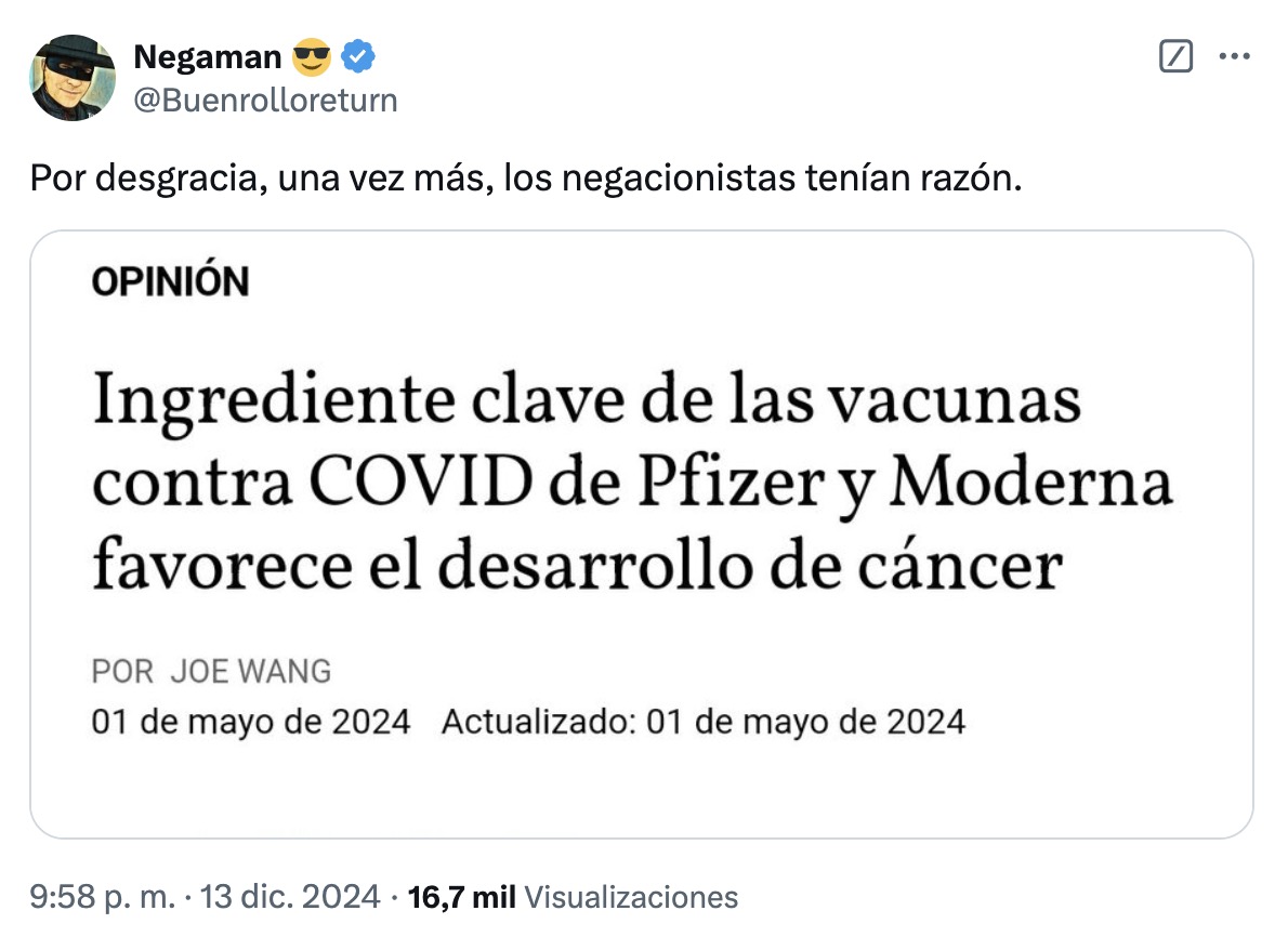 Siento ser aguafiestas una vez más. Está circulando la afirmación de que un "ingrediente clave" de las vacunas de ARNm contra la COVID-19 favorecería el desarrollo del cáncer. No es cierto. Esto se basa —otra vez— en una interpretación errónea de estudios 🧵