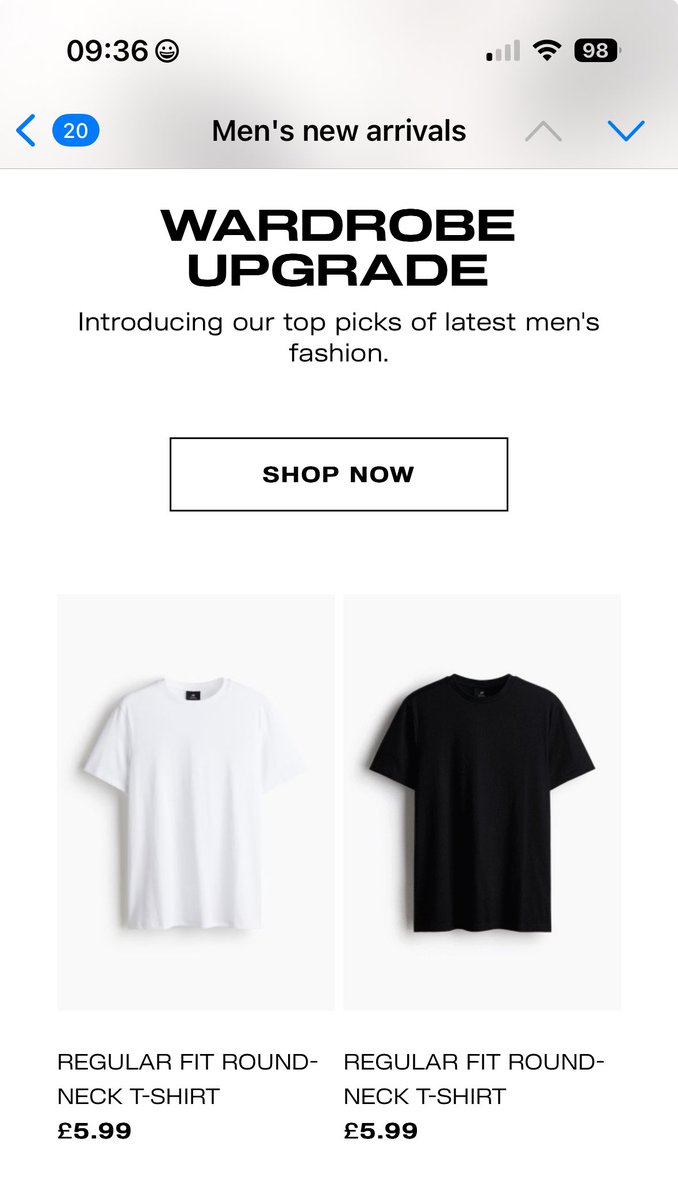 yostrt's tweet photo. “No one is buying retail anymore!” Meanwhile @hm “latest men’s fashion” is a white t-shirt and a black t-shirt. 🙄 https://t.co/tpi5UExi3U